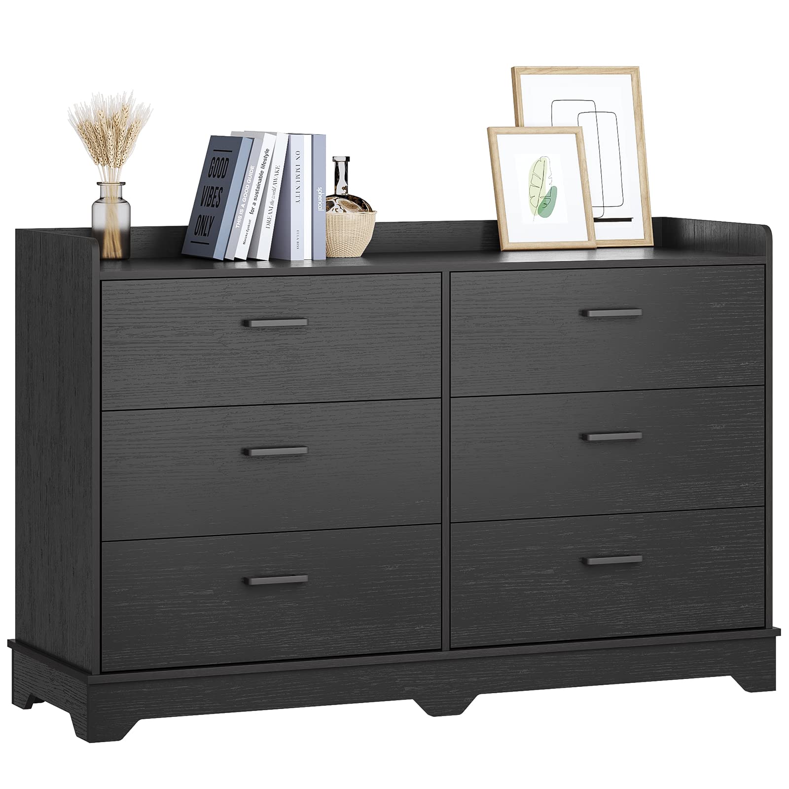 Mid-Century Modern Dresser with 6 Drawers - Rustic Wood Wide Chest for Bedroom, Living Room & Hallway - Black Storage Organizer for Clothes, Linens & Home Decor