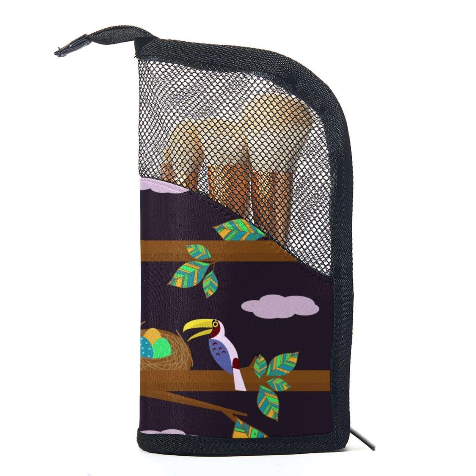 Premium 12-Slot Makeup Brush Organizer Bag - Portable Travel Cosmetic Brush Holder with Tropical Toucan & Leaf Design - Perfect for Home, Travel & Professional Makeup Artists