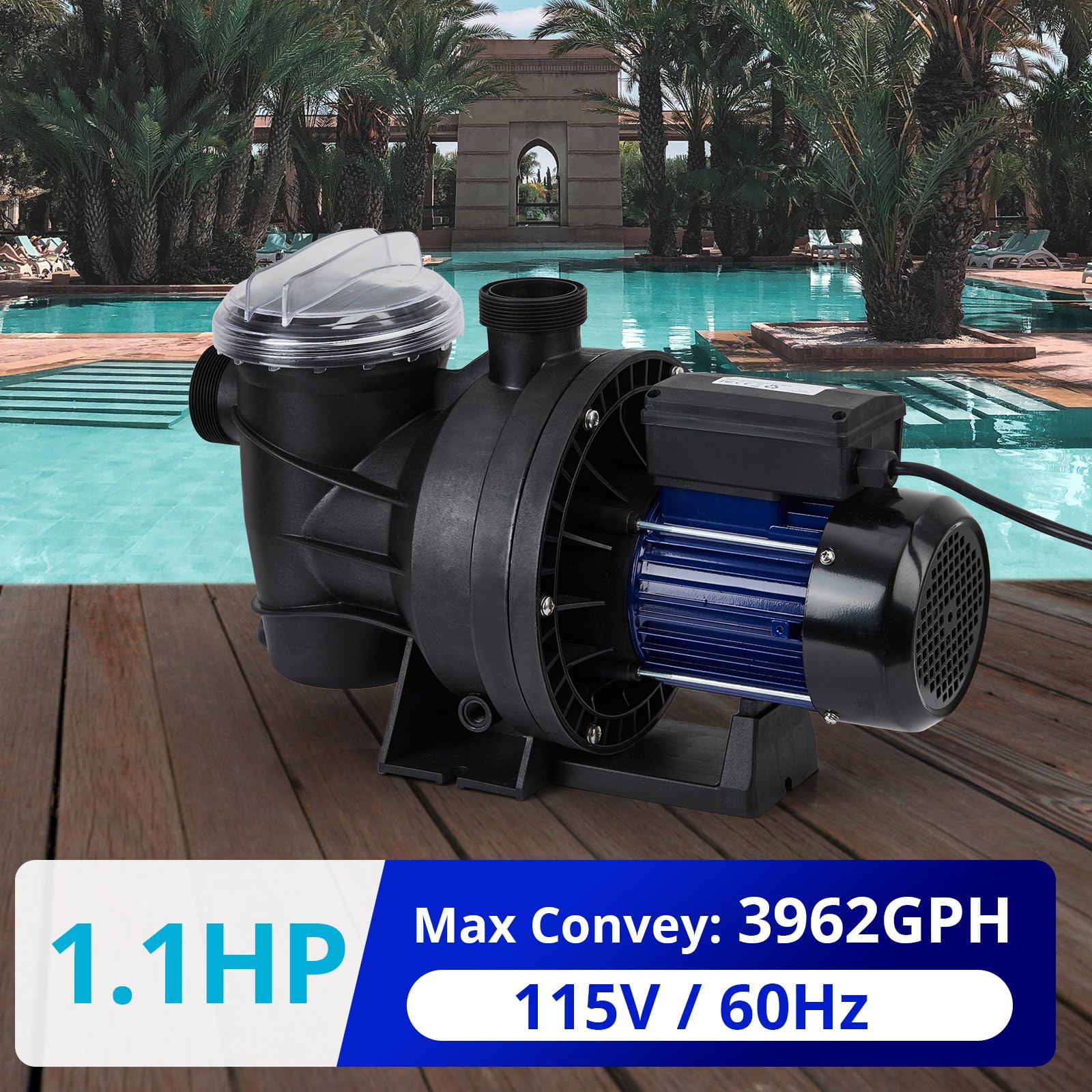 1.1HP In-Ground & Above-Ground Pool Pump - 800W 115V High Flow Swimming Pool Pump (3962GPH) with Self-Priming & Filter Basket - Low Noise Energy Efficient Water Pump for Home, Backyard, and Commercial Pools