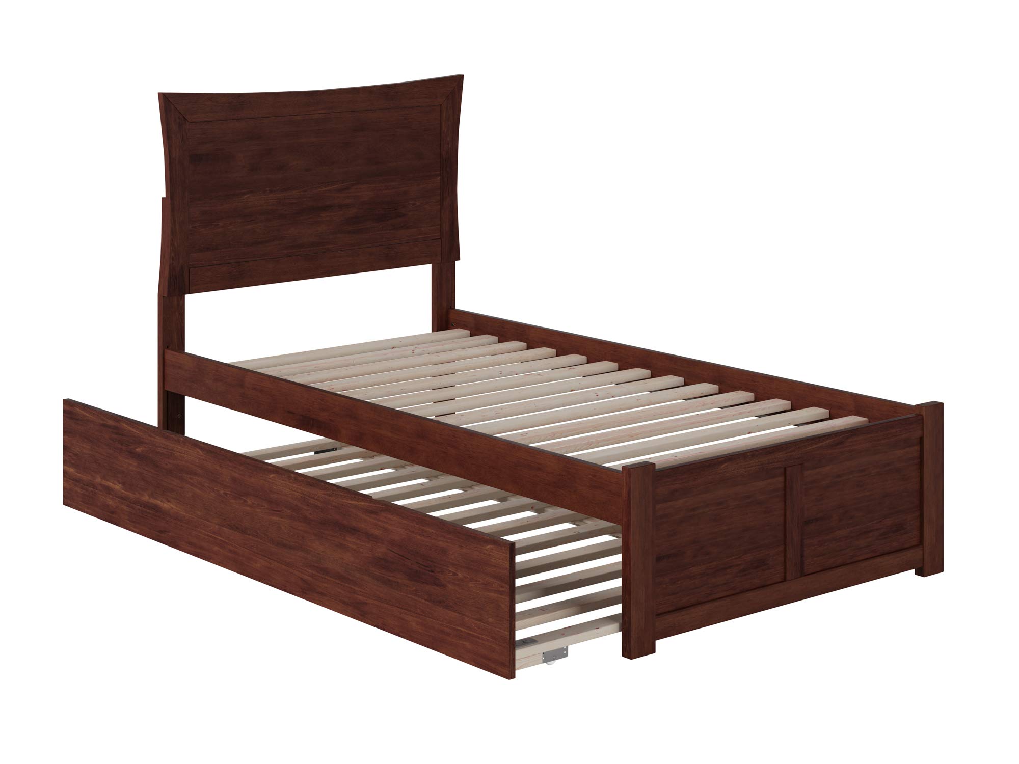 AFI Metro Twin Platform Bed with Footboard, Twin Trundle & USB Charger - Walnut Wood Modern Kids Bedroom Furniture for Small Spaces & Sleepovers