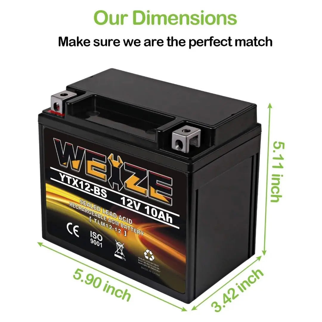 WEIZE YTX12-BS 12V 10Ah AGM Sealed Motorcycle Battery - Maintenance Free, High Performance, Rechargeable ATV Battery Compatible with Honda, Kawasaki, Suzuki - Perfect for Off-Road, Dirt Bikes & Powersports Vehicles