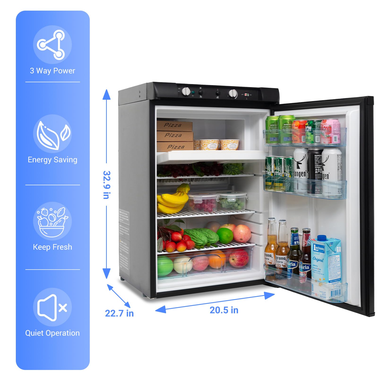 3.5 Cu.Ft RV Propane Refrigerator with Freezer - 3 Way AC/DC/GAS Powered Camper Fridge for RV, Cabin, Semi Truck & Van - Ultra Quiet Black Design - Perfect for Road Trips, Off-Grid Living & Tiny Homes