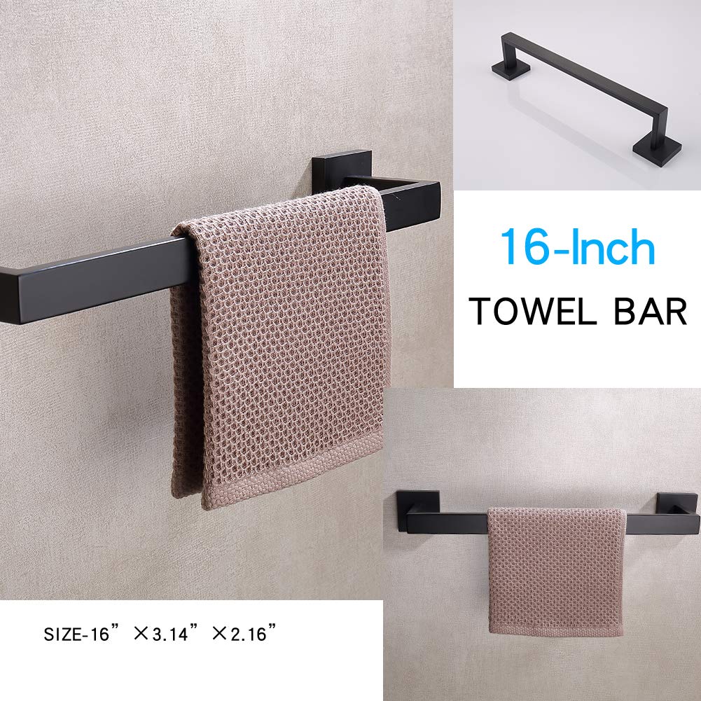 TASTOS 3-Piece Matte Black Bathroom Hardware Set - Premium Stainless Steel Wall Mounted Robe Hook, Toilet Paper Holder & 16-Inch Towel Bar - Modern Bathroom Accessories for Home & Hotel Use