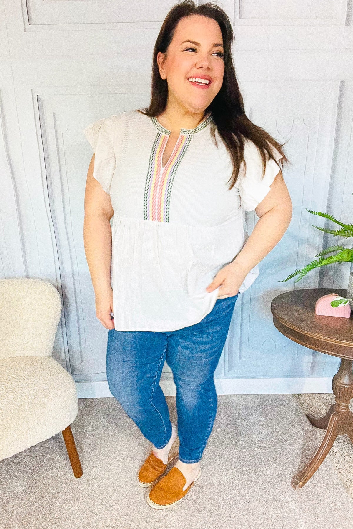 Haptics Weekend Ready Taupe Embroidered Notched Neck Babydoll Top - Women's Casual Boho Blouse for Brunch, Date Night & Summer Outings