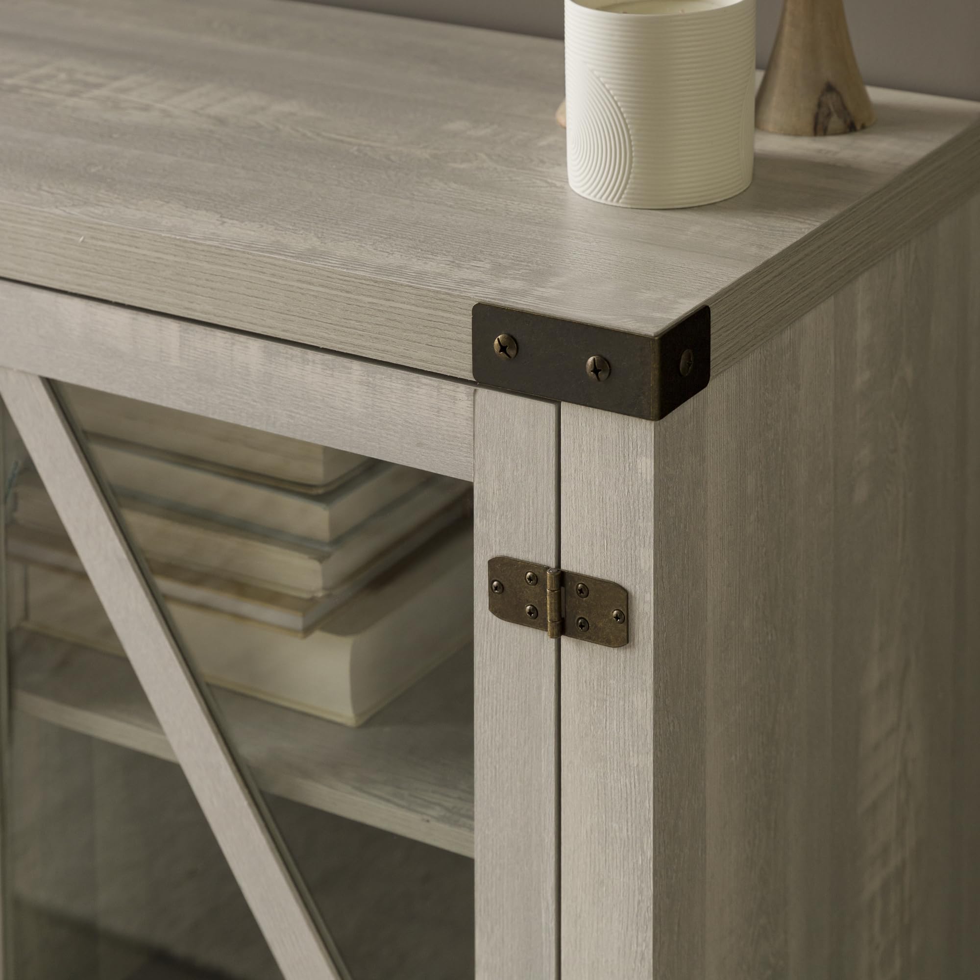 Walker Edison Wesley Modern Farmhouse 65 Inch TV Stand with Glass Doors - Rustic Stone Grey Entertainment Center for Living Room, Bedroom & Home Theater