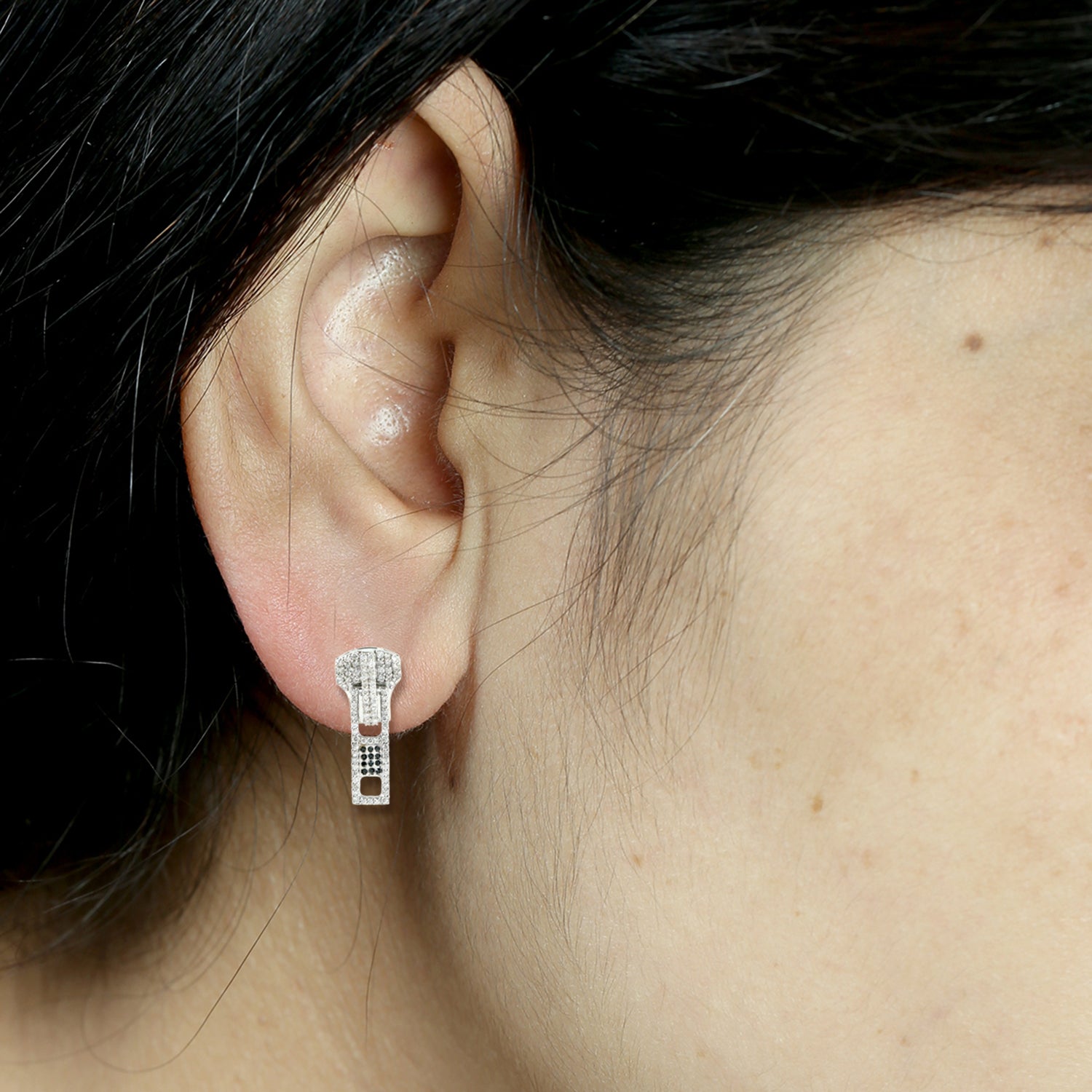 18K White Gold Zip Design Earrings with Pave Black & White Diamonds - Elegant Women's Jewelry for Weddings, Parties & Special Occasions