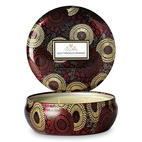 Voluspa Goji Tarocco Orange Scented Candle - 3 Wick Tin, 12 Oz, 40 Hour Burn Time, Vegan, All Natural Coconut Wax & Cotton Wicks for Clean Burning | Home Decor, Aromatherapy, Relaxation Gift for Spa & Bedroom