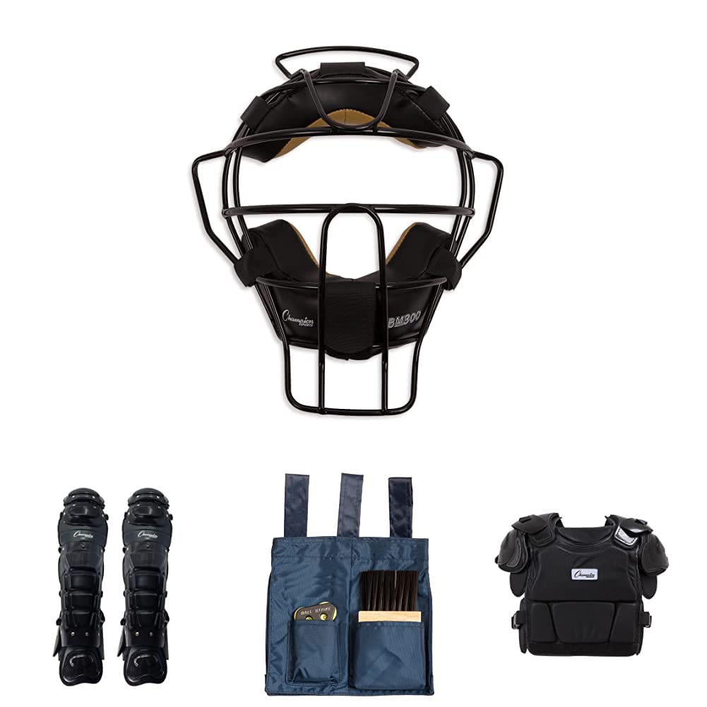 Champion Sports Varsity Baseball Umpire Kit - Black Face Mask, Large Chest Protector, Adjustable Leg Guards & Umpire Tools | Complete Umpire Gear for Baseball Games, Training & Officiating