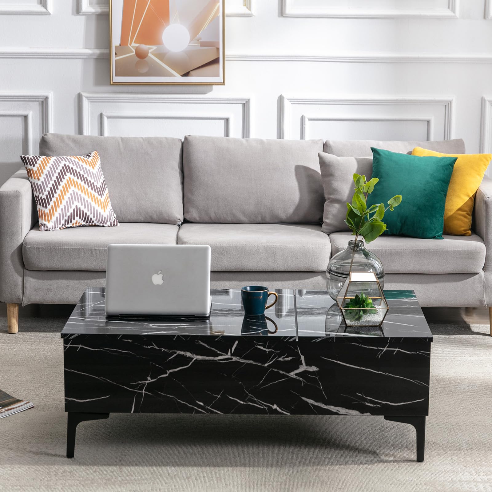 COSVALVE Lift Top Coffee Table with Hidden Storage, Marble Surface 2-Side Lift Tabletop - Modern Black Lift-Top Dining Table & Work Desk for Living Room, Home Office, Reception Area | Space-Saving Multi-Functional Furniture for Small Apartments & Studios
