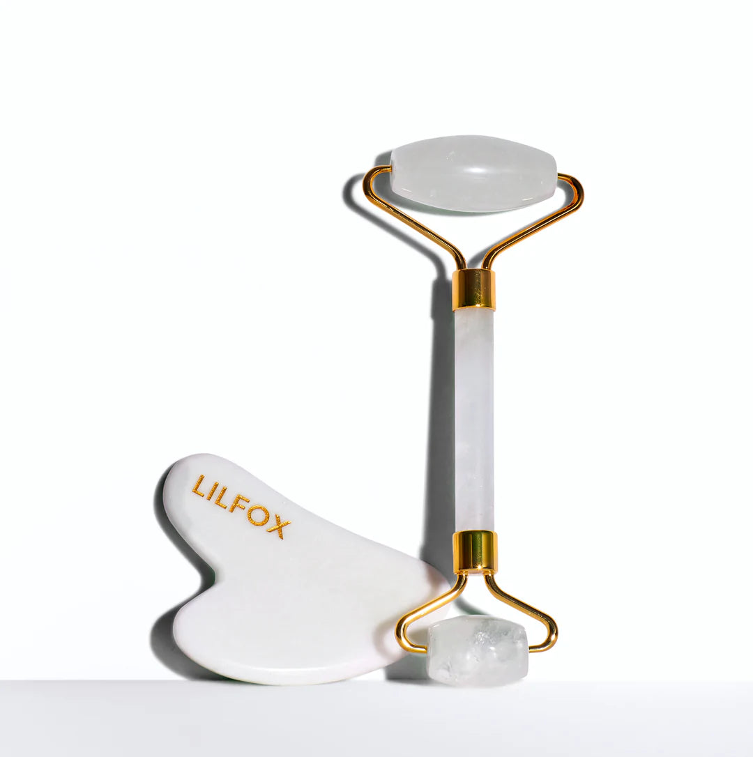 Clear Quartz Massage Roller with White Jade Gua Sha - Facial & Body Sculpting Tool for Skincare, Lymphatic Drainage & Relaxation - Perfect for Home Spa & Self-Care Routine