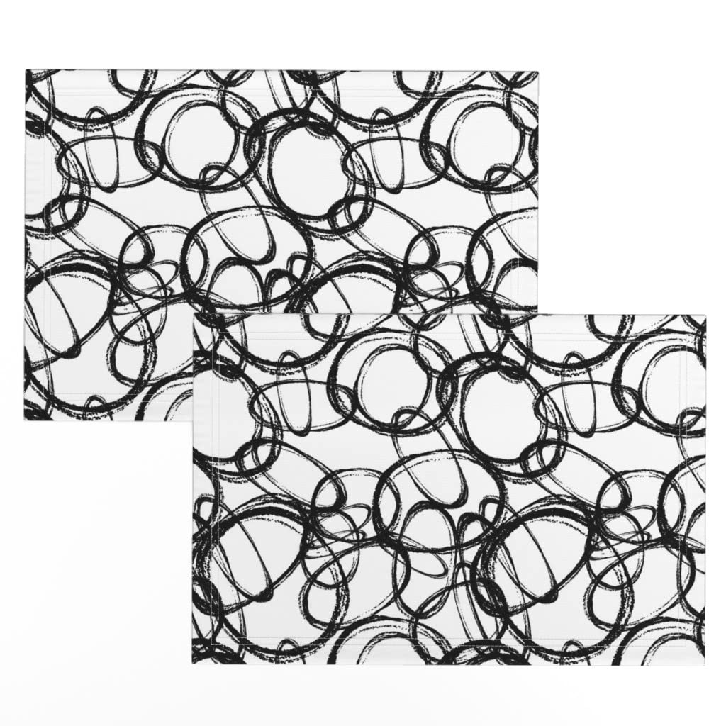 Modern Abstract Print Linen Cotton Canvas Placemats Set of 2 - White & Black Circle Design for Dining Table Decor | Spoonflower | Perfect for Dinner Parties, Home Decor & Kitchen Accessories