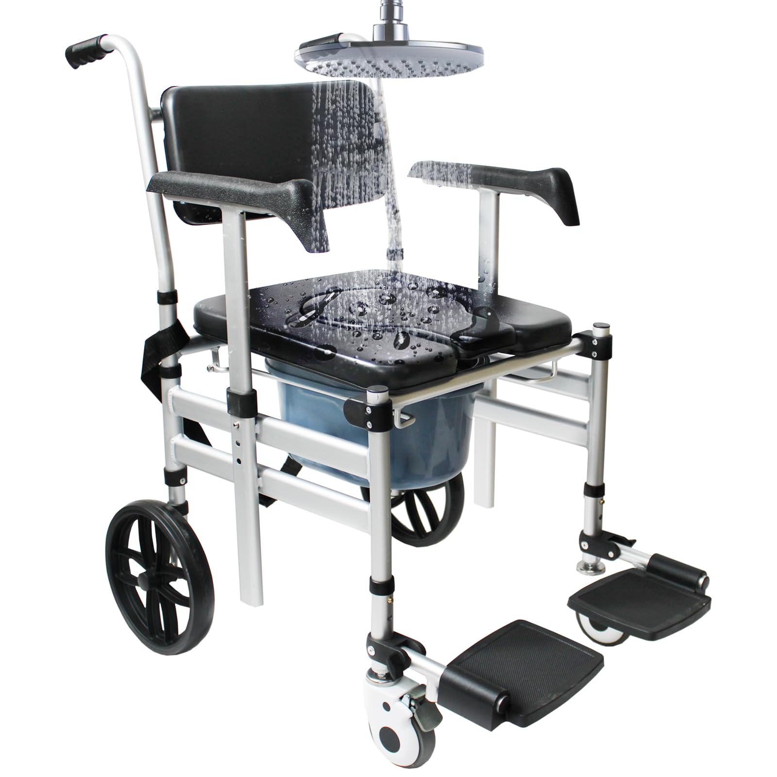 Foldable Rolling Commode Chair with Wheels & Bucket - Padded Shower Commode with Soft Backrest - Easy Transfer from Bed to Bathroom - Ideal for Elderly & Disabled - Home Care & Mobility Aid