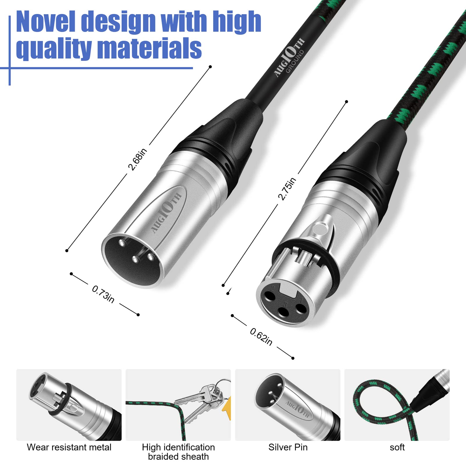 Professional XLR to XLR Microphone Cable 10 Feet 2-Pack - Male to Female 3-Pin Balanced Shielded Audio Cable for Studio Recording, Live Sound, Mixers, Amplifiers & Speaker Systems - Durable Green Pro Mic Cables for Musicians & Audio Engineers