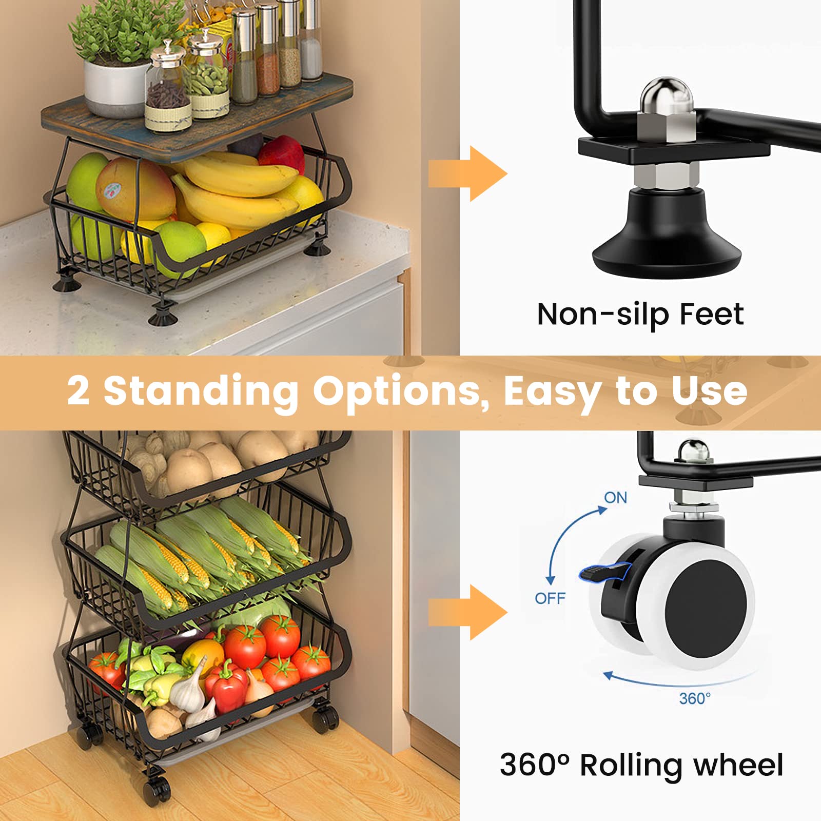 5-Tier Stackable Heavy Duty Wire Rolling Cart for Kitchen & Bathroom - Fruit & Vegetable Storage Basket Organizer with 2 Free Hanging Baskets | Perfect for Pantry Organization, Countertop Display & Small Space Storage