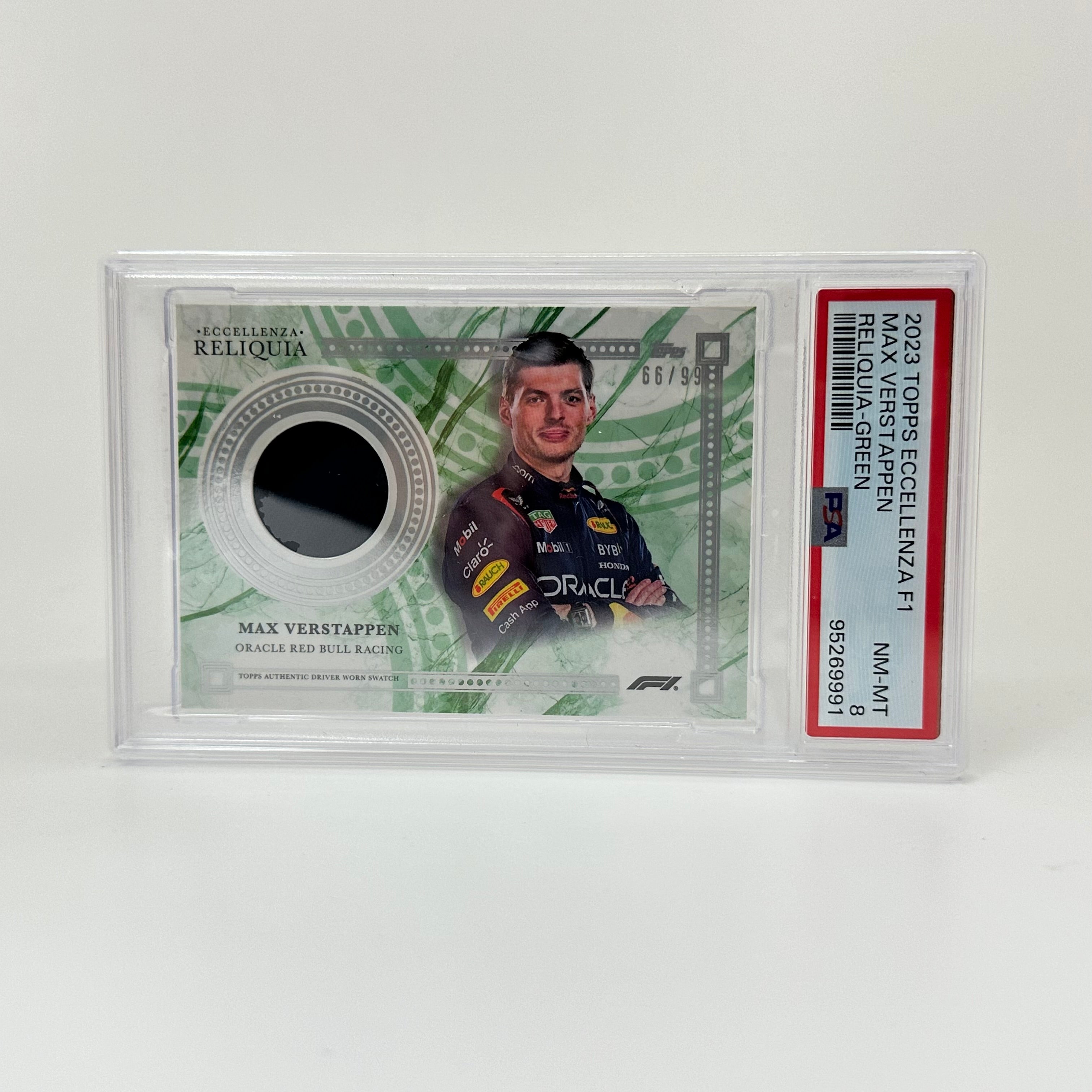 PSA 8 Graded 66/99 Max Verstappen Green 2023 Topps Eccellenza Relic Card - Perfect for F1 Collectors & Racing Memorabilia Displays