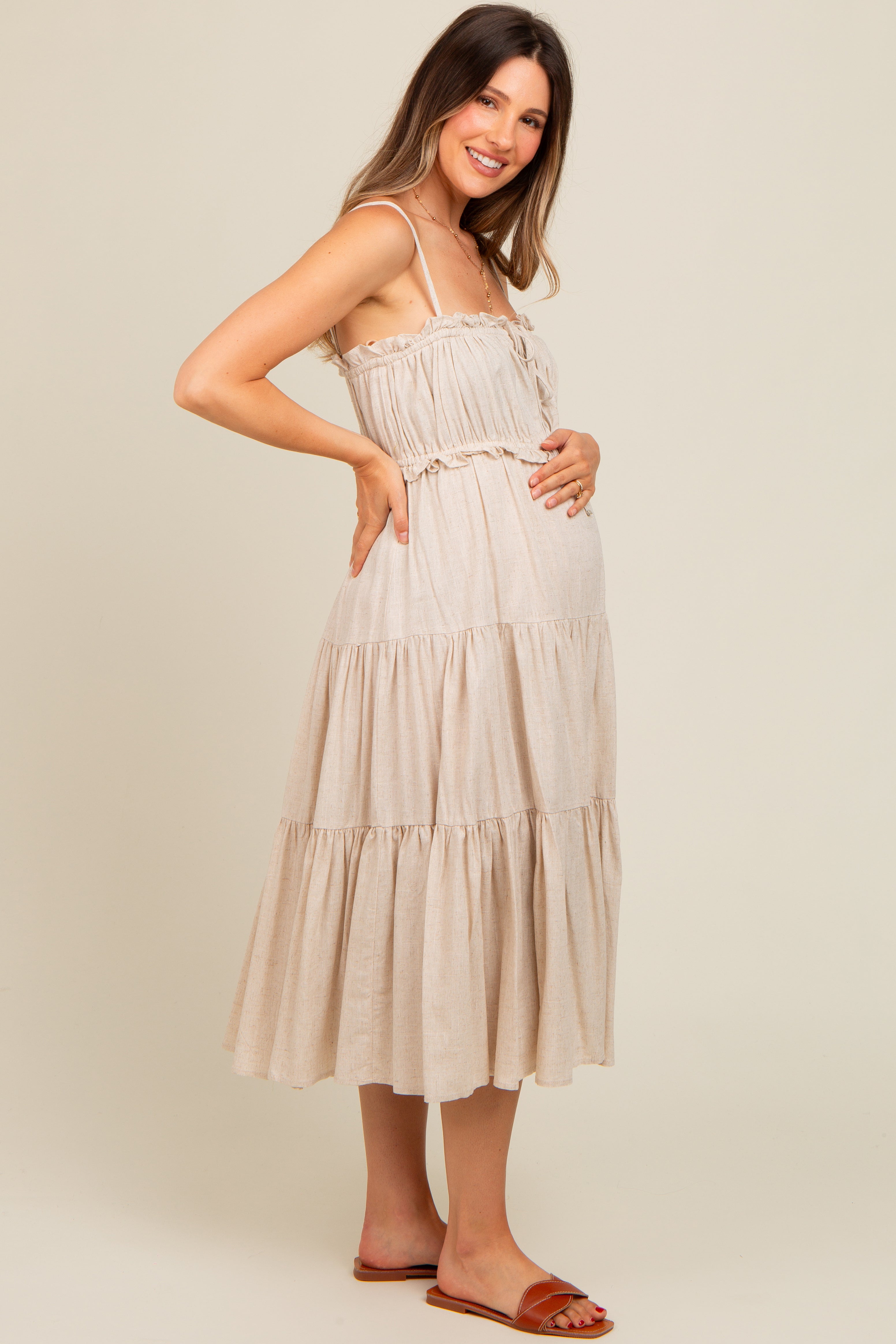 Beige Front Tie Cutout Tiered Maternity Midi Dress for Pregnancy - Comfortable Stretchy Nursing Dress for Baby Shower, Maternity Photo Shoot & Casual Wear
