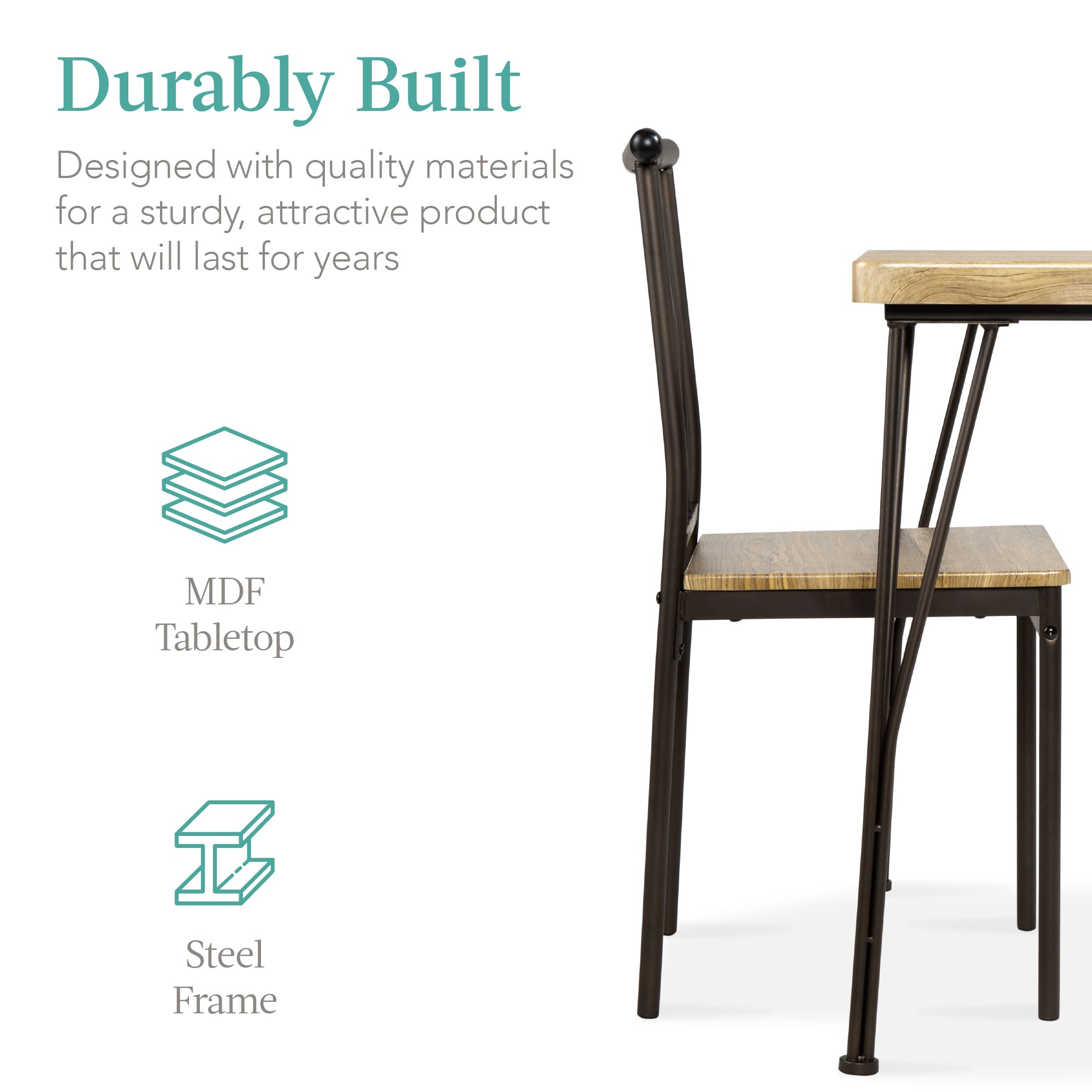 Best Choice Products 3-Piece Modern Dining Set - Square Wood & Metal Kitchen Table with 2 Chairs, Brown - Perfect for Dining Room, Breakfast Nook & Small Space Meals
