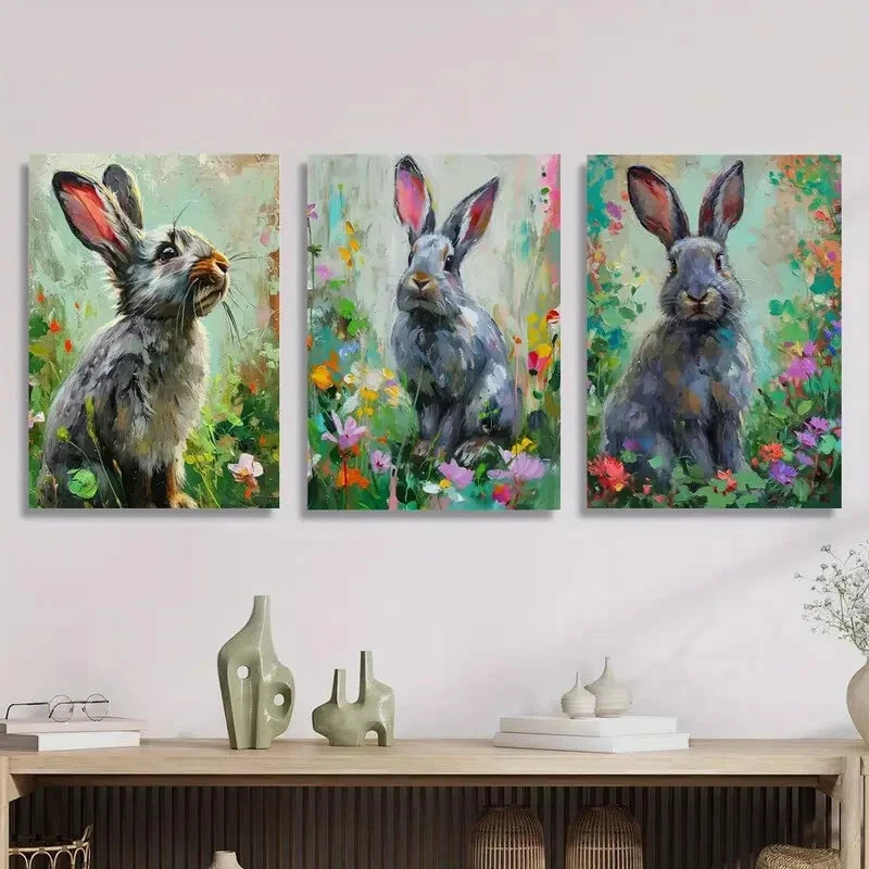 3-Piece Watercolor Silver Fox & Bunnies in Wildflowers Metal Print Wall Art - Ready to Hang Home Decor for Living Room, Bedroom & Office