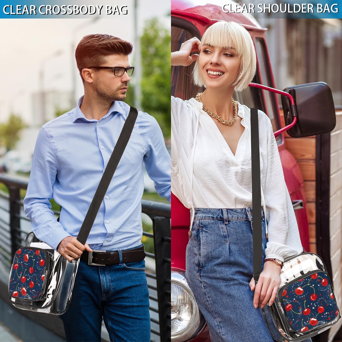 Dotted Cherry Clear Crossbody Purse Bag - Red & Blue Polka Dot Transparent Stadium Bag for Women & Men | Approved for Concerts, Festivals & Sports Events | Perfect for Music Festivals, NFL Games & Theme Parks