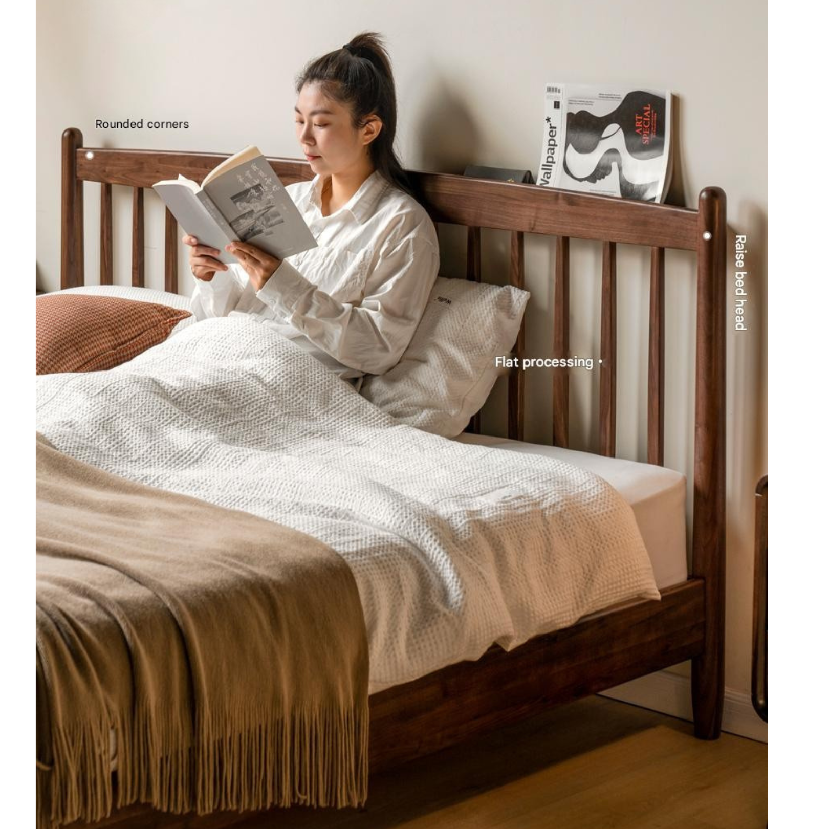 Modern Black Walnut Solid Wood Bed Frame - Queen Size Platform Bed with Headboard - Eco-Friendly Hardwood Bedroom Furniture for Master Bedroom & Guest Room