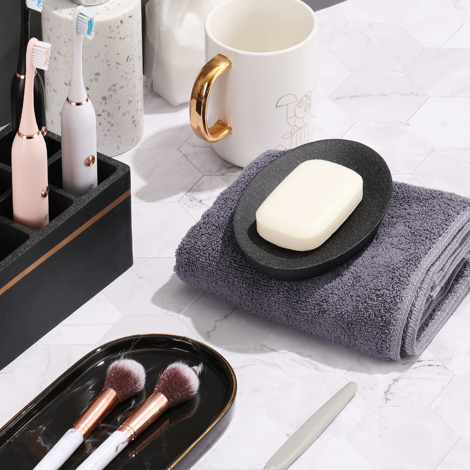 Shinowa Soap Dish with Sponge Holder - Resin Bathroom Organizer Tray for Soap, Sponge & Mini Storage | Black Gravel Design | Perfect for Vanity, Kitchen Counter & Shower Organization