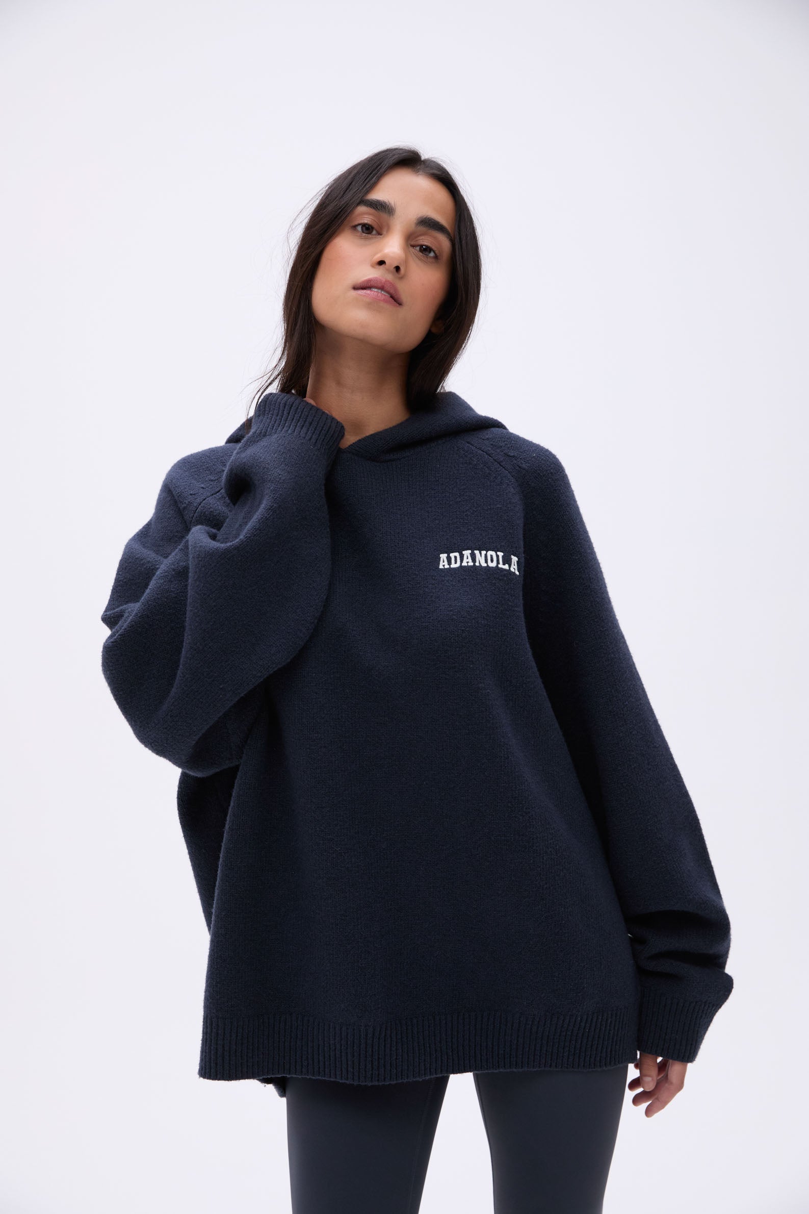 Varsity Oversized Knit Hoodie for Women & Men - Soft & Cozy Deep Midnight Blue & Cream Pullover Sweatshirt - Perfect for Casual Wear, Street Style & Winter Layering