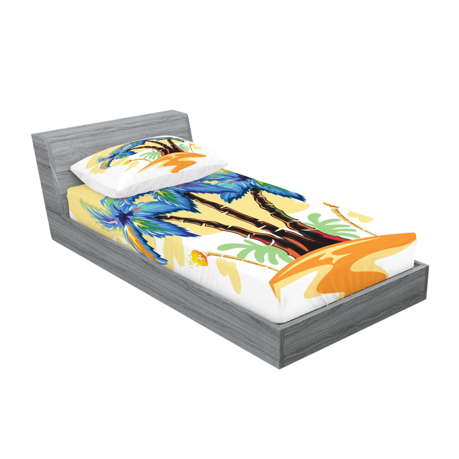Ambesonne 2-Piece Tropical Island Sunset Bedding Set - Twin Size Fitted Sheets & Pillow Shams (Blue & Orange) - Cartoon Beach Decor for Kids & Teens Bedrooms, Dorm Rooms, Vacation Homes & Guest Rooms