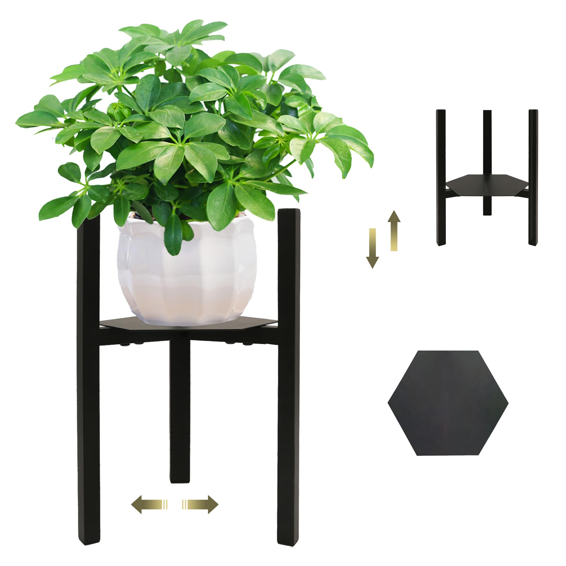 Adjustable Metal Plant Stand with Hex Trays - Mid-Century Modern Planter Holder for 9-13 Inch Pots (Black) | Sturdy Indoor/Outdoor Plant Display for Home, Patio, or Garden Decor