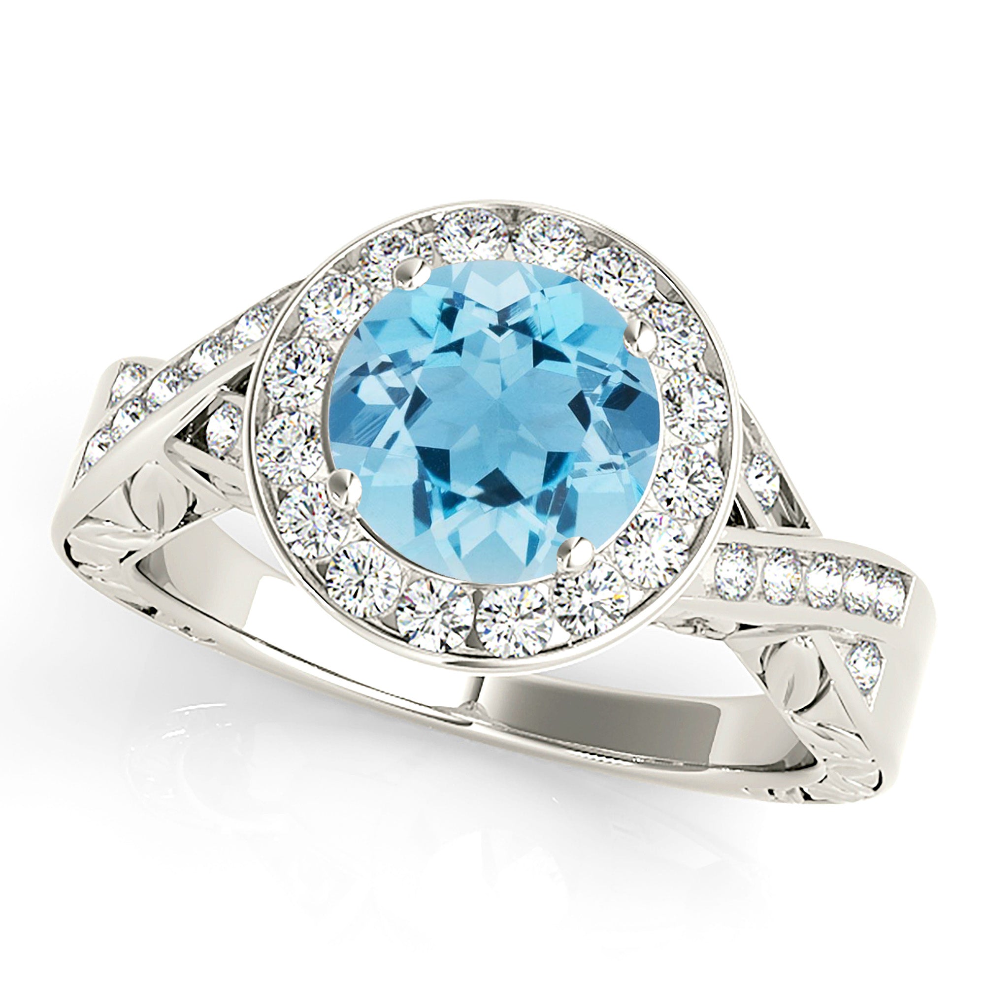 1.75 Carat Genuine Aquamarine Halo Ring with Filigree Accent Sides - Elegant Wedding, Engagement & Anniversary Jewelry Gift for Women