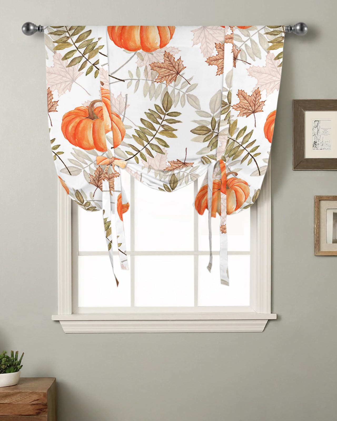 Thanksgiving Window Curtains - Orange Pumpkin & Maple Leaf Thermal Insulated Balloon Shade with Adjustable Rod Pocket, 42x45 Inches - Perfect for Kitchen, Bathroom & Café Decor During Fall Season