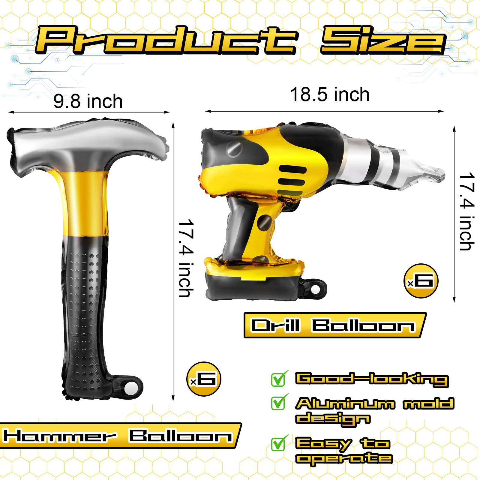 12-Piece Hammer Balloons & Drill Balloons Set - 17 Inch Inflatable Construction Party Decorations for Father's Day, Birthday, DIY Party | Fun Construction-Themed Party Supplies for Men, Husband, Boyfriend Gifts & Construction Worker Retirement Decorations