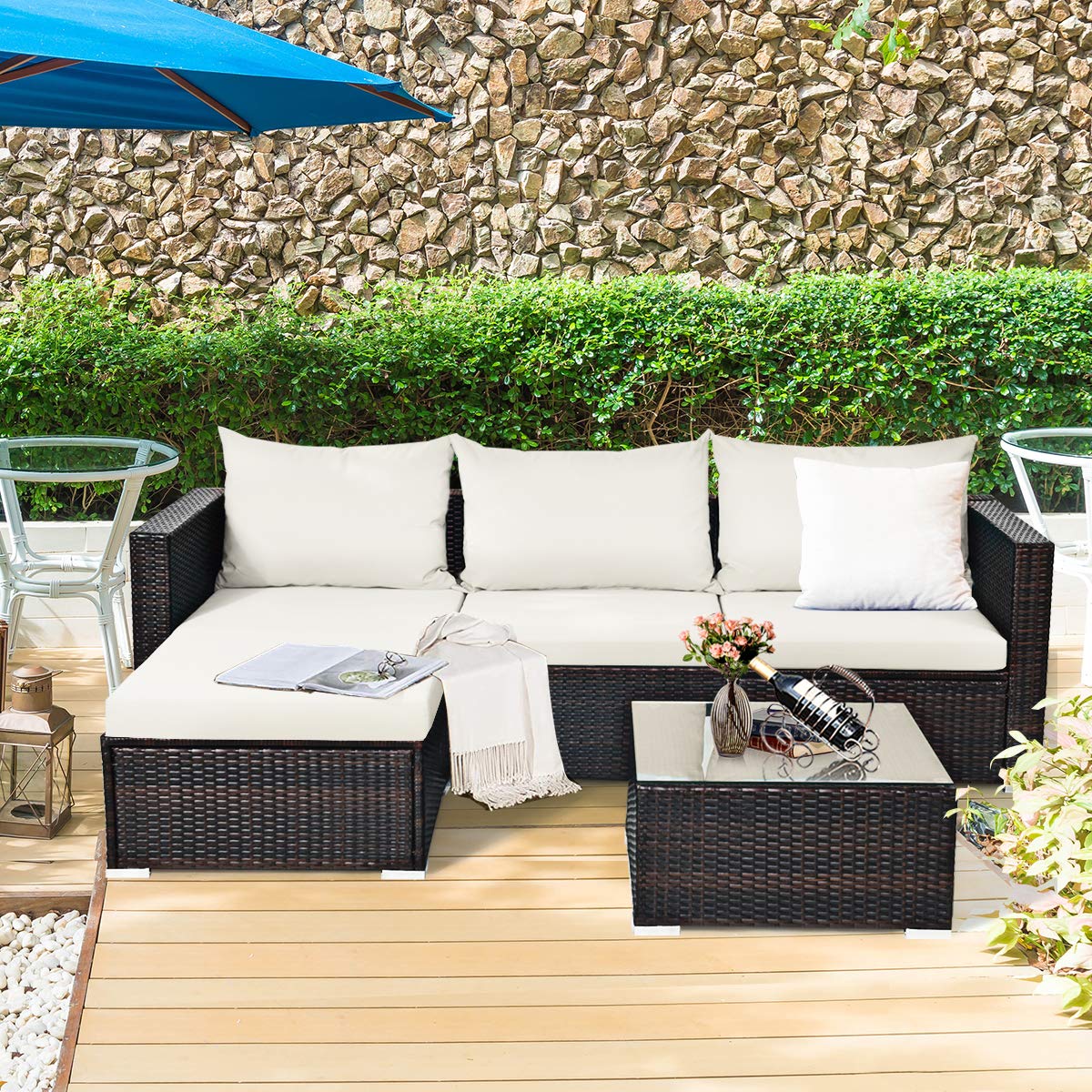 Tangkula 5-Piece Outdoor Patio Furniture Set - Sturdy Wicker Sectional Sofa with Glass Top Coffee Table, 360lb Weight Capacity - Perfect for Porch, Garden, Poolside & Backyard Relaxation (White)