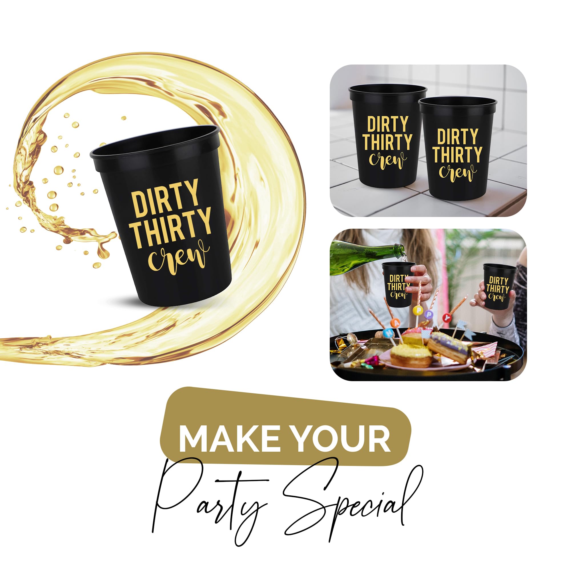 Dirty Thirty Crew 30th Birthday Party Cups - Set of 12 Black & Gold 16oz Stadium Cups with 'Talk Thirty to Me' Button - Perfect for Dirty 30 Birthday Decorations & Themed Parties - Great for Men's Milestone Celebrations, Bachelorette Parties & Adult Birthday Decor