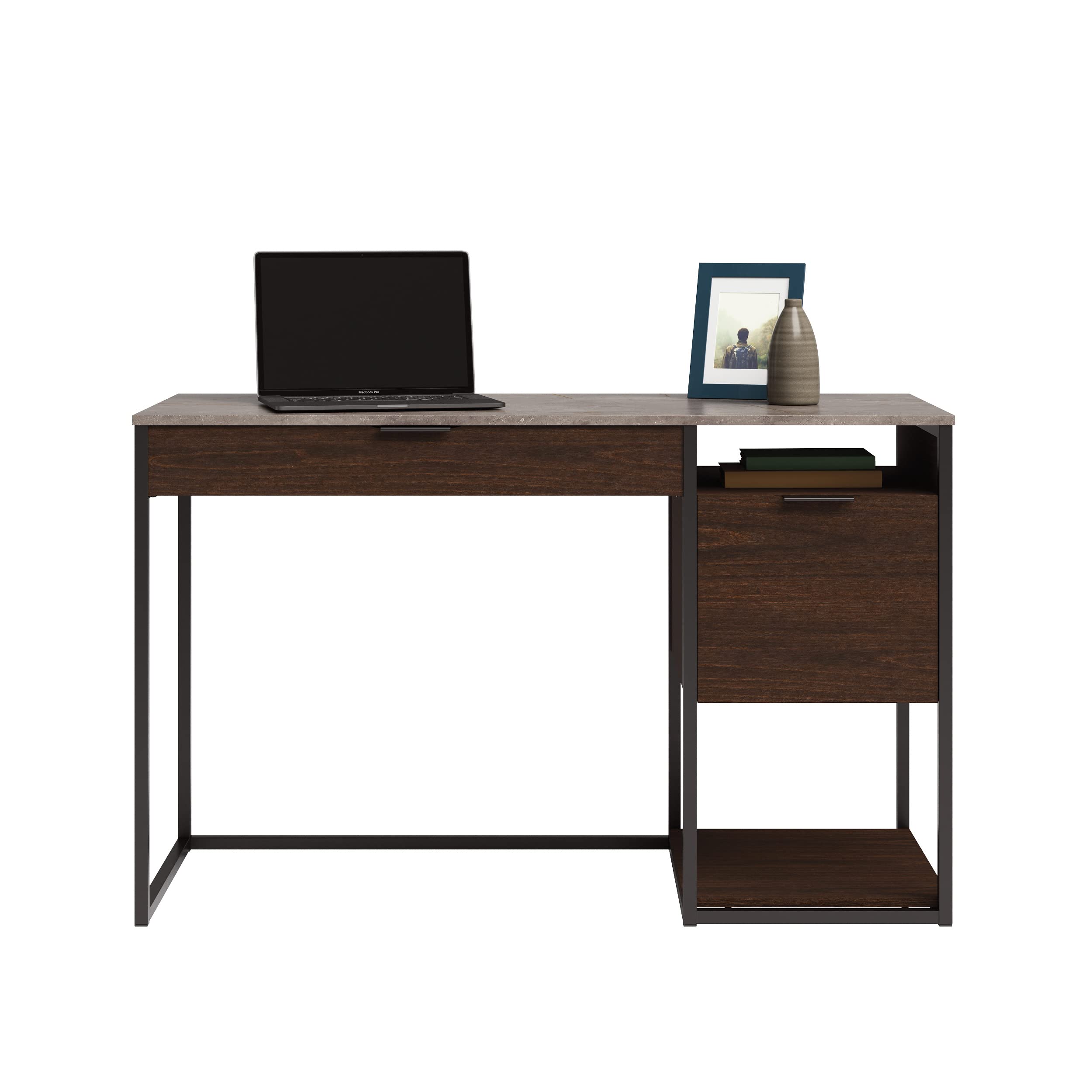 Sauder International Lux Single Pedestal Home Office Desk - Modern Umber Wood Finish for Study, Work from Home & Small Office Spaces
