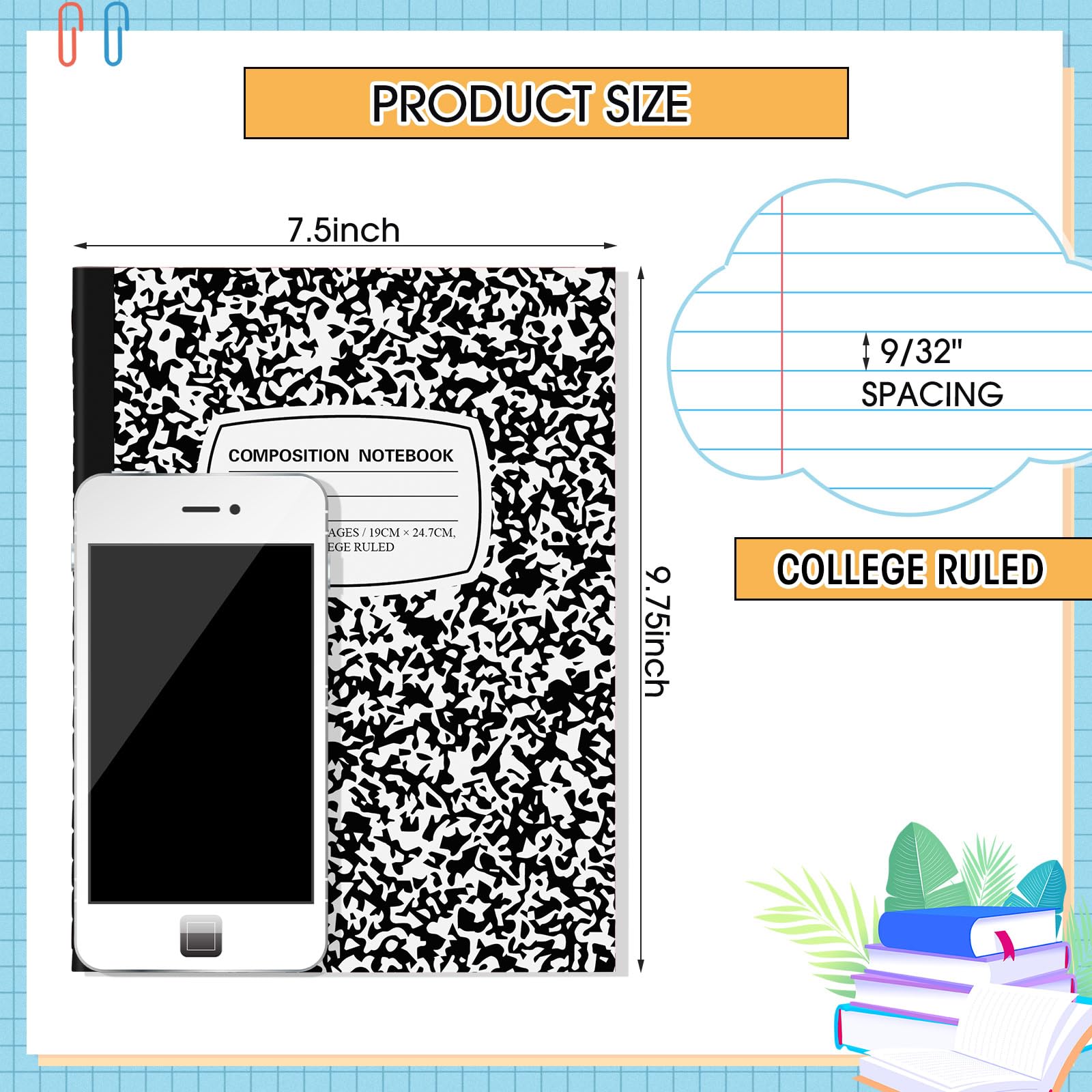 Fainne 60 Pack B5 Composition Notebooks Bulk - 7.5 x 9.75 Inch College Ruled Notebooks, 50 Pages (100 Sheets) with Marble Covers - Perfect for School, Classroom, Office & Journaling (Black)