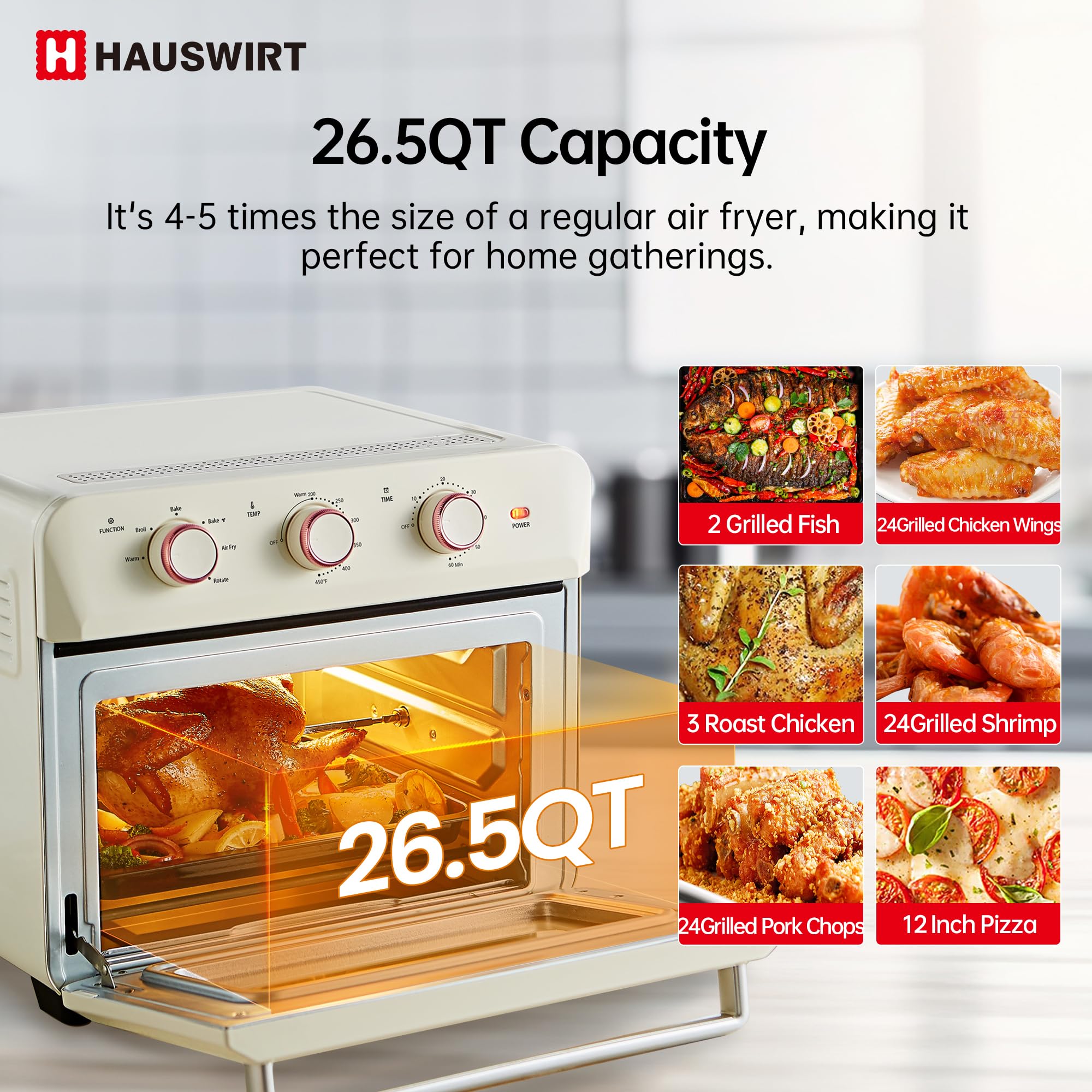 Hauswirt K5M 26.5QT Air Fryer Toaster Oven Combo with Rotisserie Kit - XL Large Retro Oven for 3-4 People, 6-Slice Toaster, 12