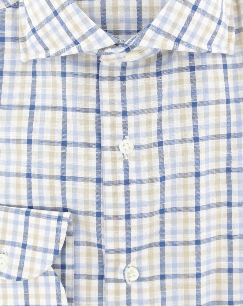 Luigi Borrelli Men's Blue Plaid Cotton Button Down Shirt - Medium Spread Collar (Size 16/41) | Perfect for Business Casual & Office Wear