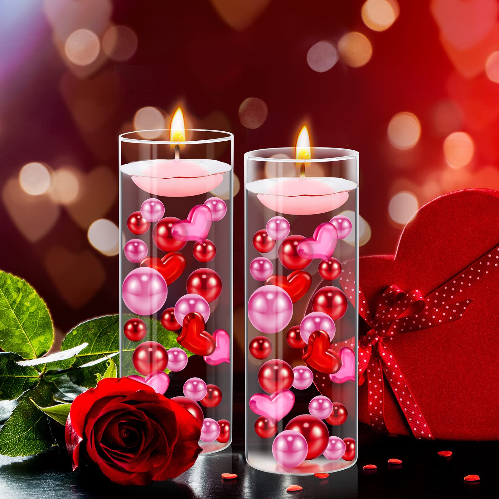 MTLEE 2116 Red Love Pearls Vase Fillers with 10 Floating Candles for Romantic Table Decor