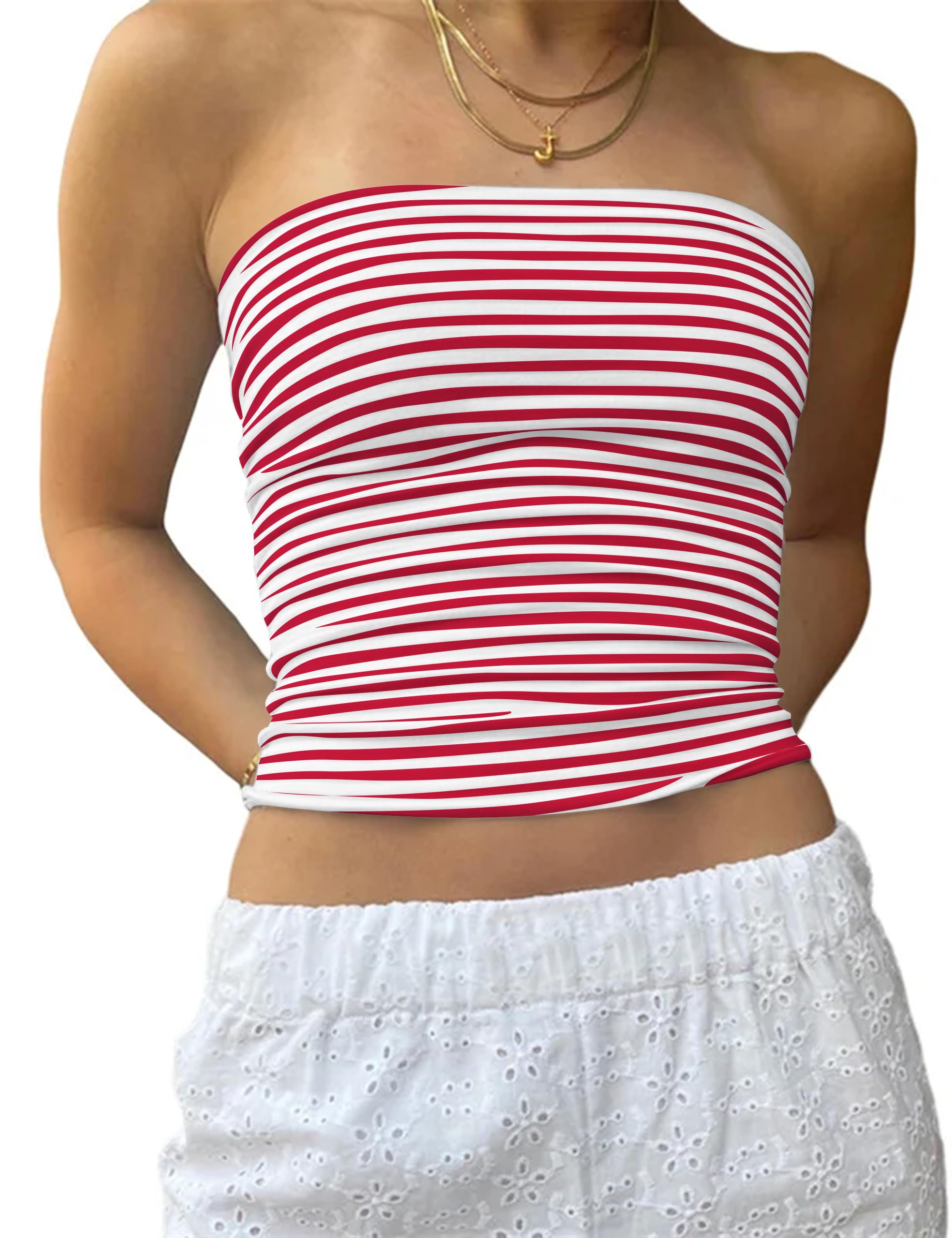 BAIGRAM Women's Striped Tube Top - Y2K Slim Fit Strapless Bandeau Crop Top for Summer | Cute Going Out Shirt for Parties, Beach & Casual Wear