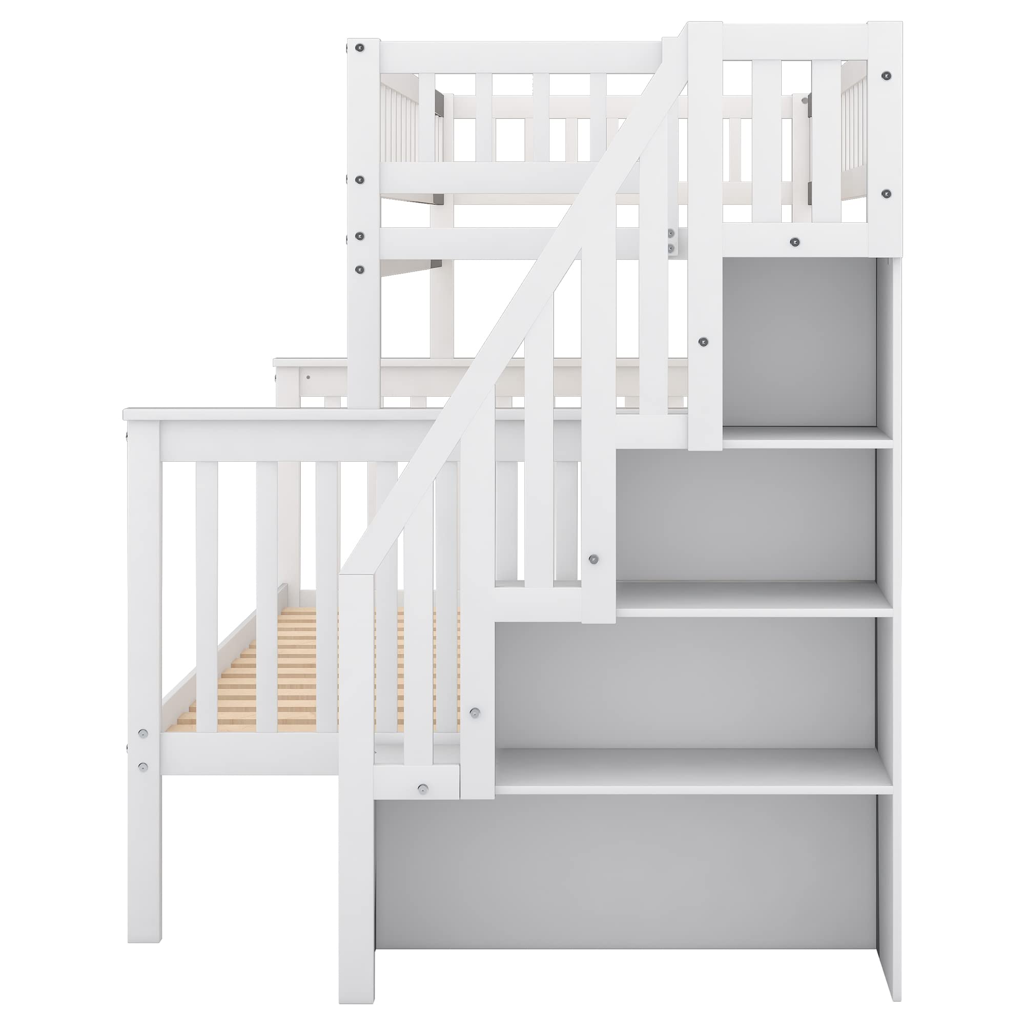 Harper & Bright Designs Twin Over Full Bunk Bed with Stairs - Solid Wood Bunk Bed Frame with Storage Shelves & Guardrails, No Box Spring Needed (White) - Perfect for Kids' Bedroom, Guest Room & Space-Saving Solutions