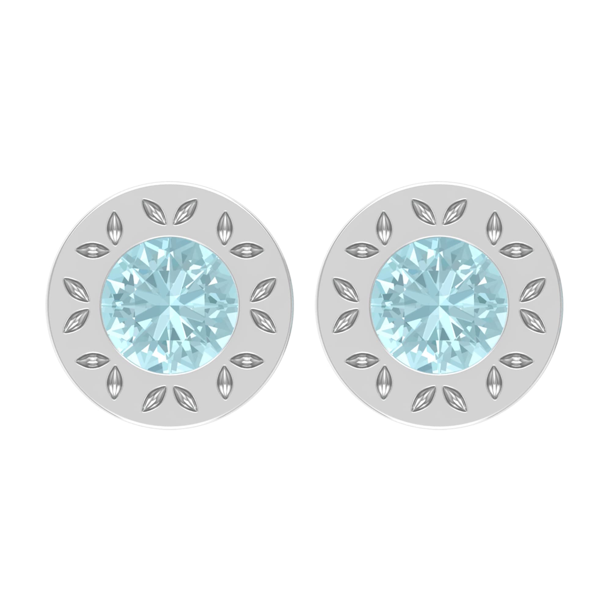 4X4 MM Round Sky Blue Topaz Solitaire Stud Earrings - 14K Solid Gold with Engraved Design - Perfect for Weddings, Parties & Everyday Elegance