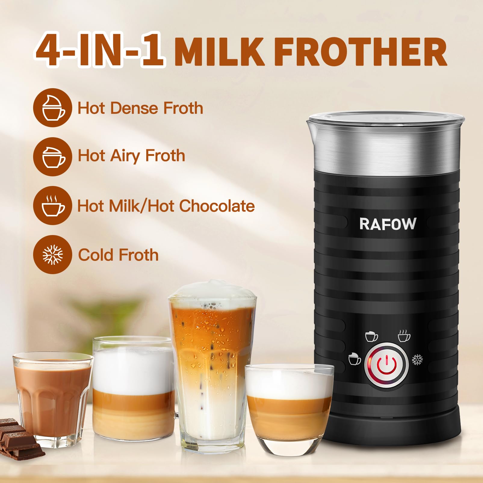 4 in 1 Electric Milk Frother Steamer - 240ml Hot & Cold Coffee Foam Maker for Latte, Cappuccino, Hot Chocolate & Matcha - Perfect for Home, Office & Coffee Shops