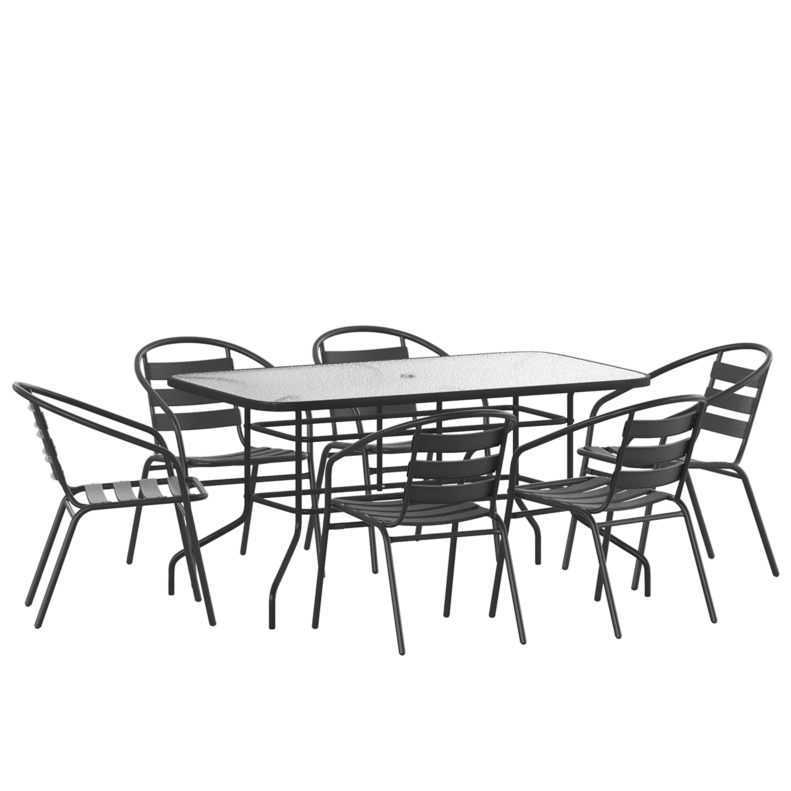 Flash Furniture Lila 7-Piece Black Glass Patio Dining Set with Rectangular Table & 6 Slat Back Chairs - Outdoor Furniture for Garden, Poolside & Backyard Entertaining