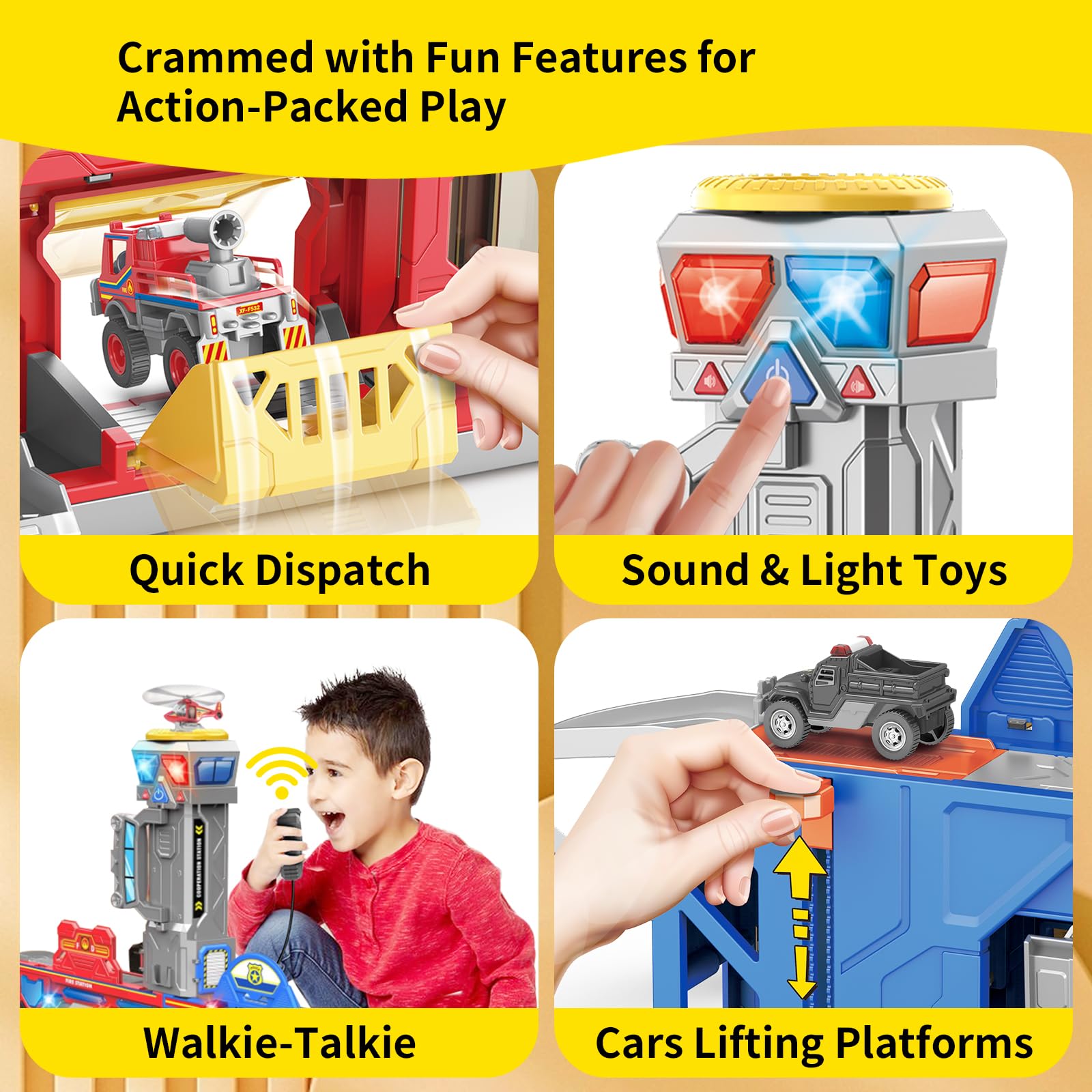 29.5'' Large City Action Rescue Vehicle Playset with Lights & Sounds - Police & Fire Station Transform Track with 4 Cars & Helicopter - STEM Learning Toys for 3-6 Year Old Boys & Girls - Perfect for Birthday Gifts & Pretend Play Scenarios