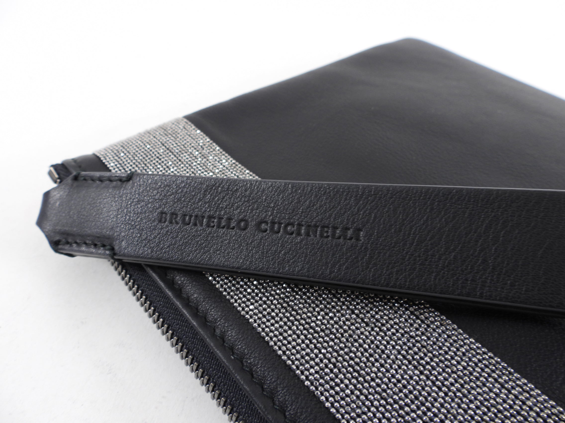 Brunello Cucinelli Charcoal Grey Leather Fringe Zip Pouch Clutch Bag for Women | Elegant Evening Party & Wedding Accessory | Stylish Crossbody Handbag for Date Night & Special Occasions
