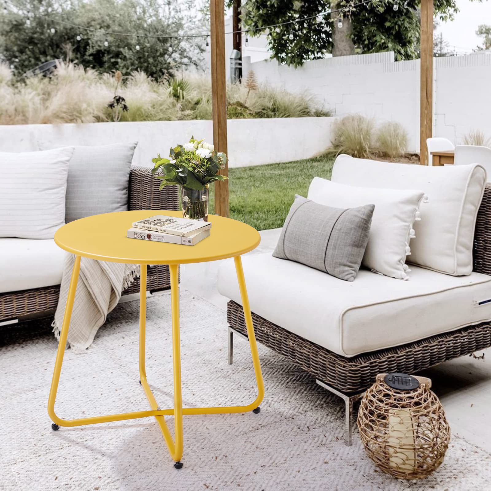 **Waterproof Round Metal Side Table - Small Outdoor & Indoor End Table, Weather Resistant Steel Patio Table for Garden, Balcony, Yard (Yellow) - Perfect for Coffee, Books & Drinks**