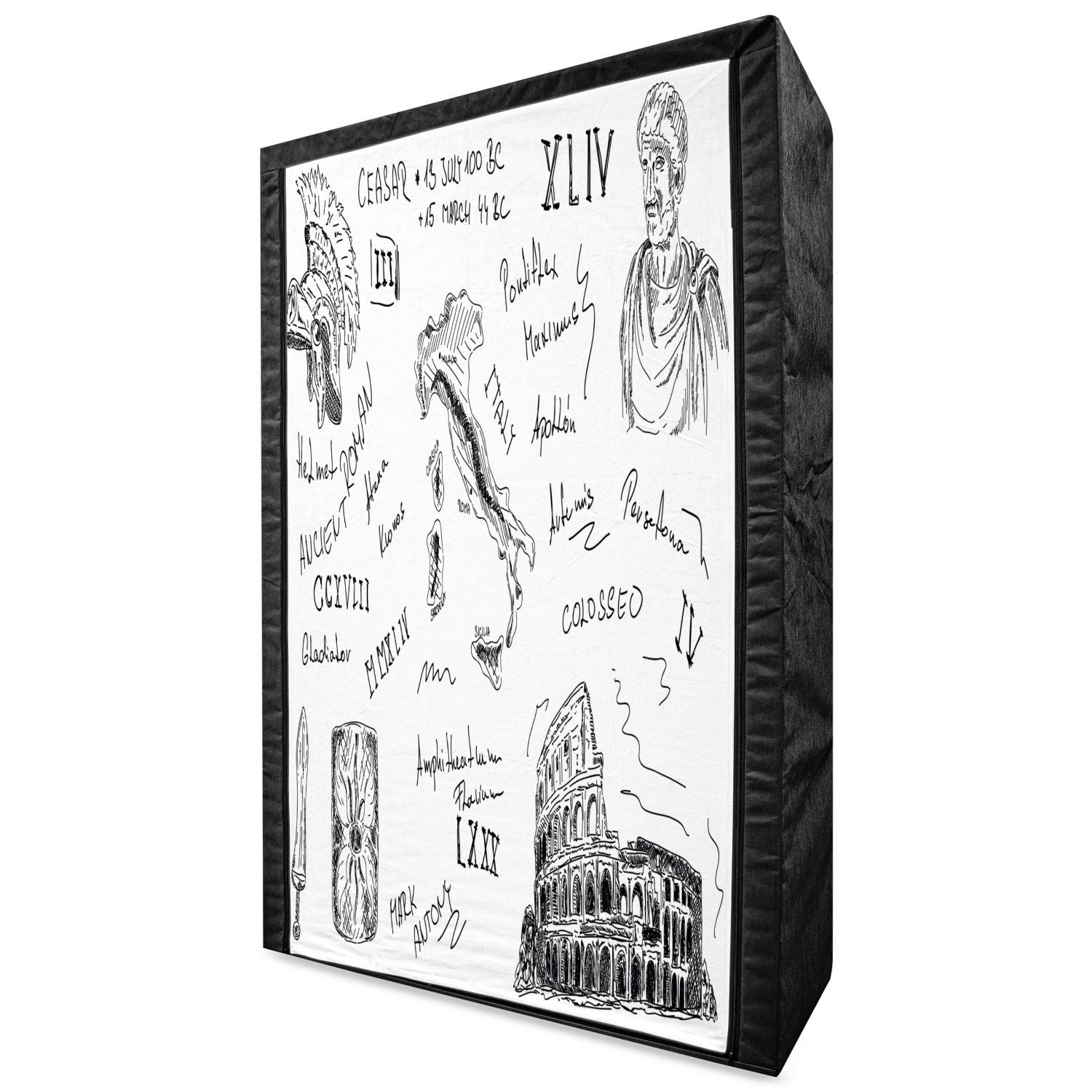 Ambesonne Retro Portable Fabric Wardrobe - Roman Caesar Colosseum Gladiator & Map Sketch Art Design, 42.5 Inch Black & White Clothing Organizer with Shelves | Perfect for Bedroom, Dorm, or Apartment Storage