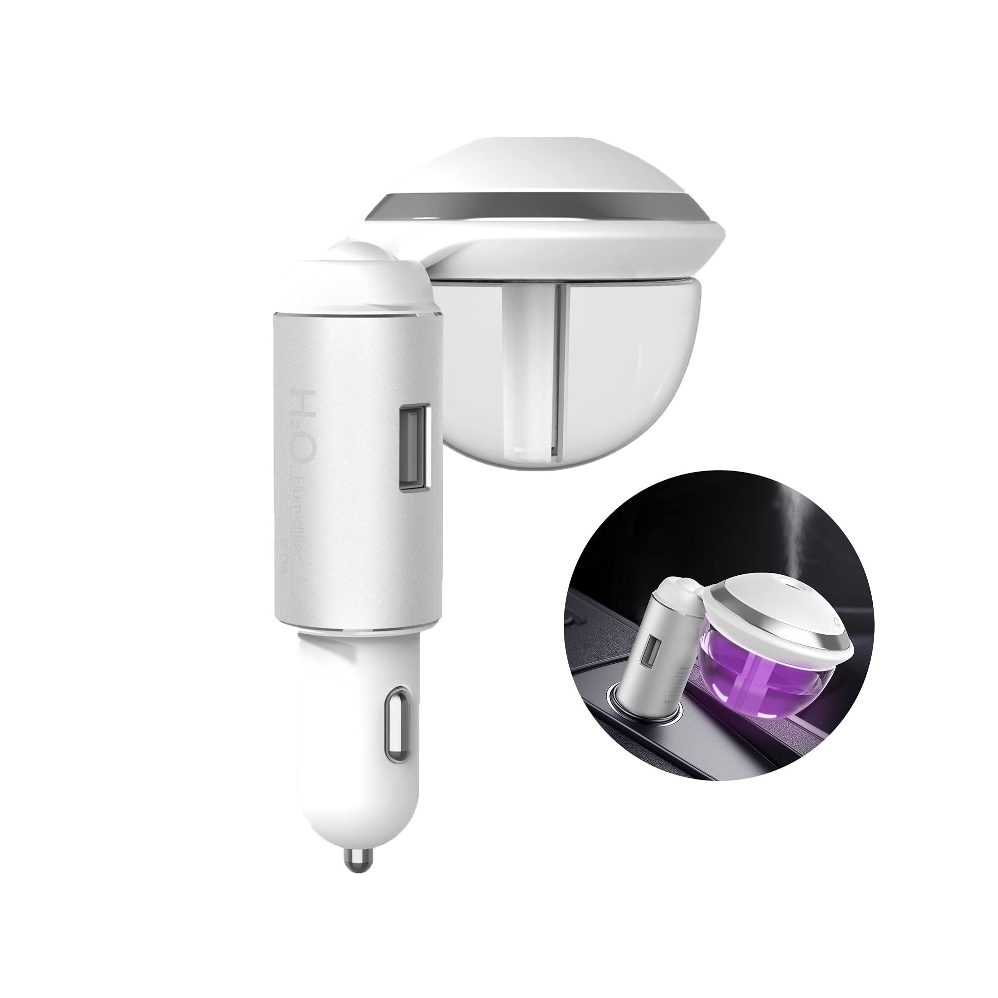 UNEE Car Charger Diffuser Humidifier with Dual USB Ports - 2-in-1 Aromatherapy Essential Oil Diffuser & Phone Charger for Car, Office, Travel - White (Perfect for Road Trips & Daily Commute)
