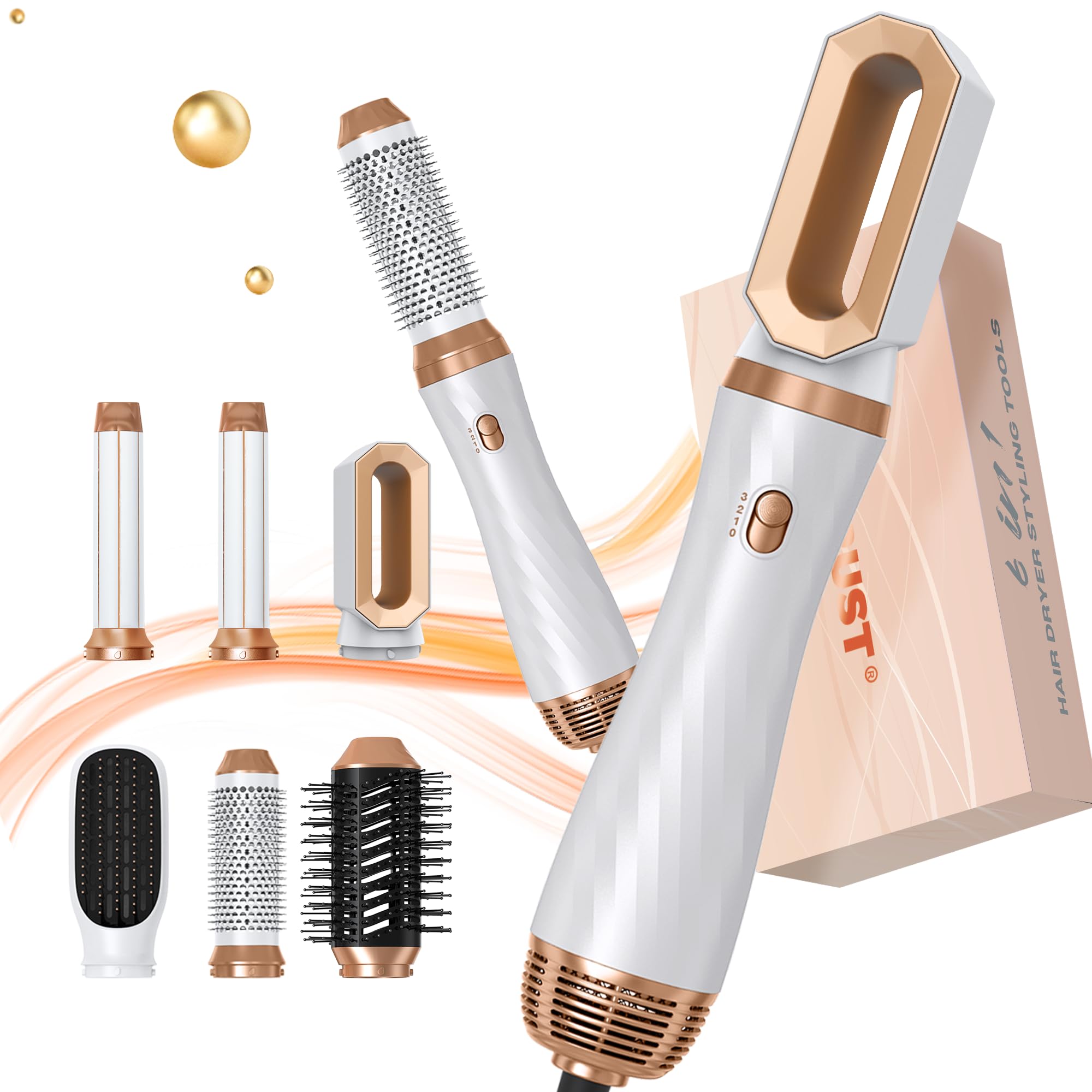 6-in-1 Blow Dryer Brush with Detachable Nozzle - Ionic Hot Air Styler & Curling Iron for Salon-Quality Hair at Home - Perfect for Travel, Styling, and Creating Voluminous Curls or Smooth Blowouts