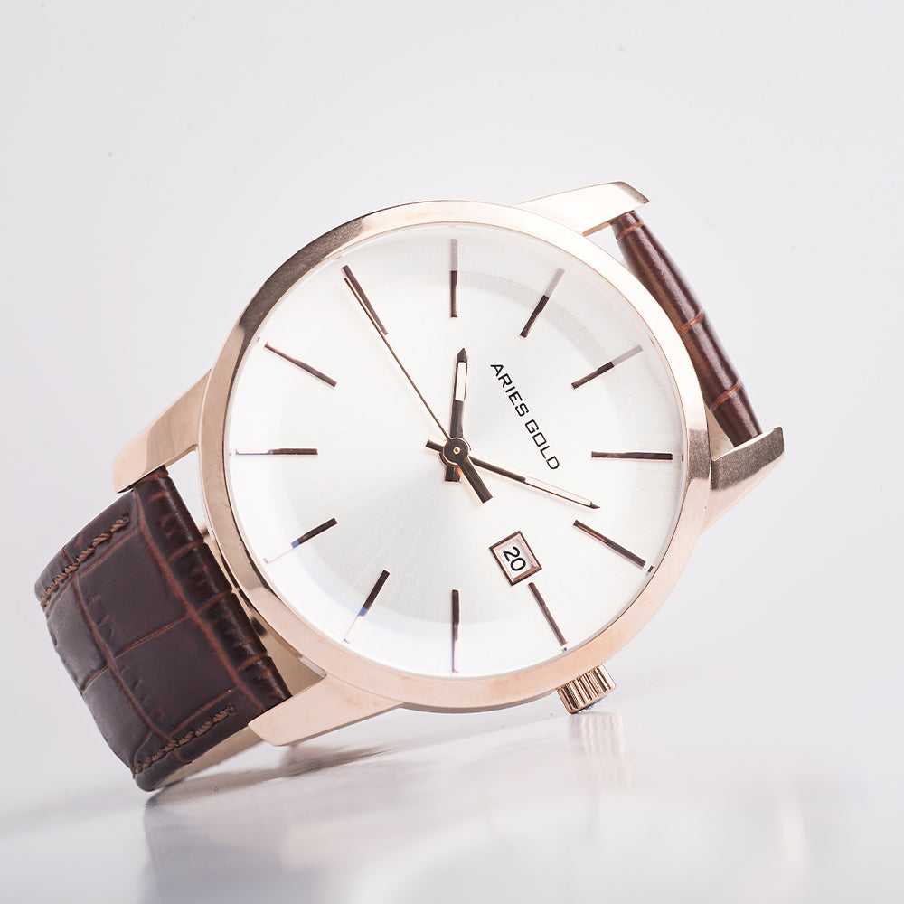 ARIES GOLD URBAN ENERGY Rose Gold Stainless Steel Men's Watch with Brown Leather Strap - Model G 639M RG - Perfect for Business, Casual & Formal Occasions